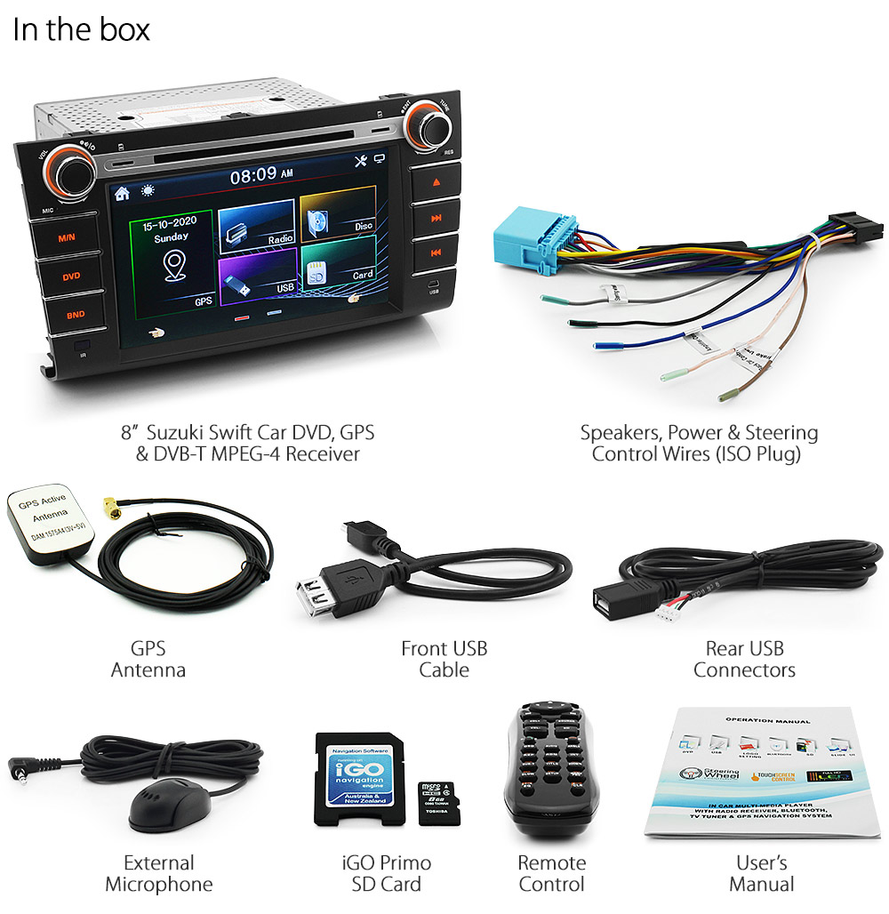 SS10DVBT 8-inch 8' Aftermarket Suzuki Swift 2nd Second Gen Generation Europe European Australia 2005 2006 2007 2008 2009 2010 RS 415 416 Sport Direct Loading design car DVD USB SD player MP3 Album Art ID3 Tag RDS radio stereo head unit details Aftermarket External and Internal Microphone Bluetooth RMVB 720p Free Reversing Camera UK United Kingdom Fascia Kit ISO Plug Wiring Harness Steering Wheel Control buttons Double DIN Patch Lead Connects2 CTSSZ002.2 Sat Nav Navi tunez tunezmart Navigation System Genuine Licensed iGO Primo Latest Australia UK United Kingdom Europe NAVTEQ map 7-digit postcode Digital TV DVB-T MPEG-4 DVBT MPEG4 Dual Antenna External Box