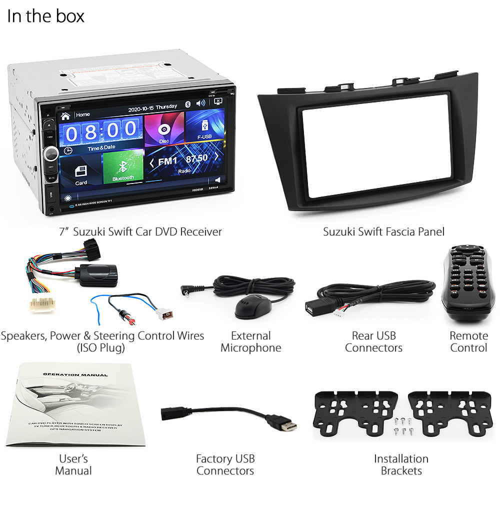 SS11DVD 7-inch Aftermarket Suzuki Swift 3rd Third Generation Europe European Australia FZ Year 2011 2012 2013 2014 2015 2016 2017 Direct Loading design car DVD USB SD player AVI MKV RMVB MP4 MP3 Album Art ID3 Tag RDS radio stereo head unit details Aftermarket External and Internal Microphone Bluetooth Full High Definition FHD 1080p Free Reversing Camera UK United Kingdom Fascia Facia Kit ISO Plug Wiring Harness Steering Wheel Control buttons Double DIN Patch Lead Connects2 CTSSZ002.2