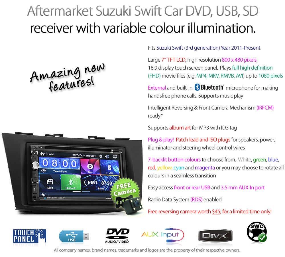 SS11DVD 7-inch Aftermarket Suzuki Swift 3rd Third Generation Europe European Australia FZ Year 2011 2012 2013 2014 2015 2016 2017 Direct Loading design car DVD USB SD player AVI MKV RMVB MP4 MP3 Album Art ID3 Tag RDS radio stereo head unit details Aftermarket External and Internal Microphone Bluetooth Full High Definition FHD 1080p Free Reversing Camera UK United Kingdom Fascia Facia Kit ISO Plug Wiring Harness Steering Wheel Control buttons Double DIN Patch Lead Connects2 CTSSZ002.2