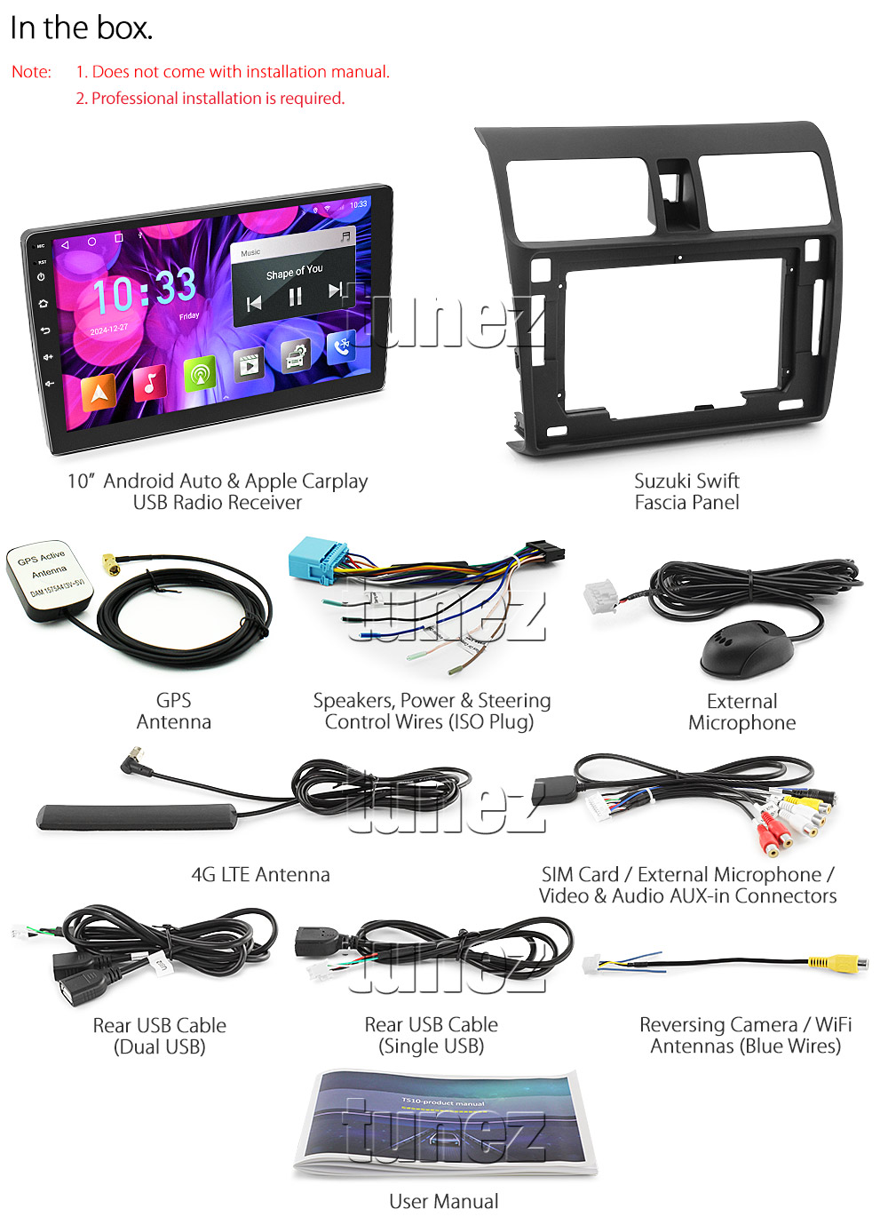 SS15AND GPS Aftermarket Suzuki Swift RS415 2005 2006 2007 2008 2009 2010 capacitive 10 inches touchscreen Universal Double DIN Latest Australia UK European USA Original CarPlay Android Auto 10 Car USB player radio stereo 4GdLTE WiFi head unit details Aftermarket External and Internal Microphone Bluetooth Europe Sat Nav Navi Plug and Play ISO Plug Wiring Harness Matching Fascia Kit Facia Free Reversing Camera Album Art ID3 Tag RMVB MP3 MP4 AVI MKV Full High Definition FHD 1080p DAB+ Digital Radio DAB + Connects2 CTSIZ001.2 