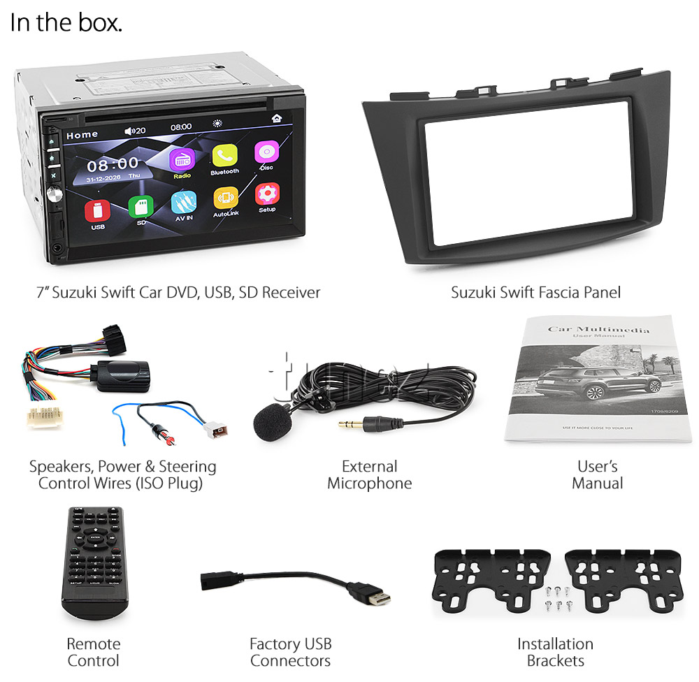 SS21DVD Aftermarket Suzuki Swift 3rd Third Generation Europe European Australia FZ Year 2011 2012 2013 2014 2015 2016 2017Direct Loading Design Car DVD USB SD Player Radio Stereo Head Unit Details Aftermarket External And Internal Microphone Bluetooth MP3 MP4 AVI MKV RMVB Fascia Kit Panel Trim ISO Plug Wiring Harness Reversing Camera 1080p FHD HD Full High Definition 3.5mm AUX-in Plug and Play Installation Dimension tunez tunezmart Compatible Patch Lead