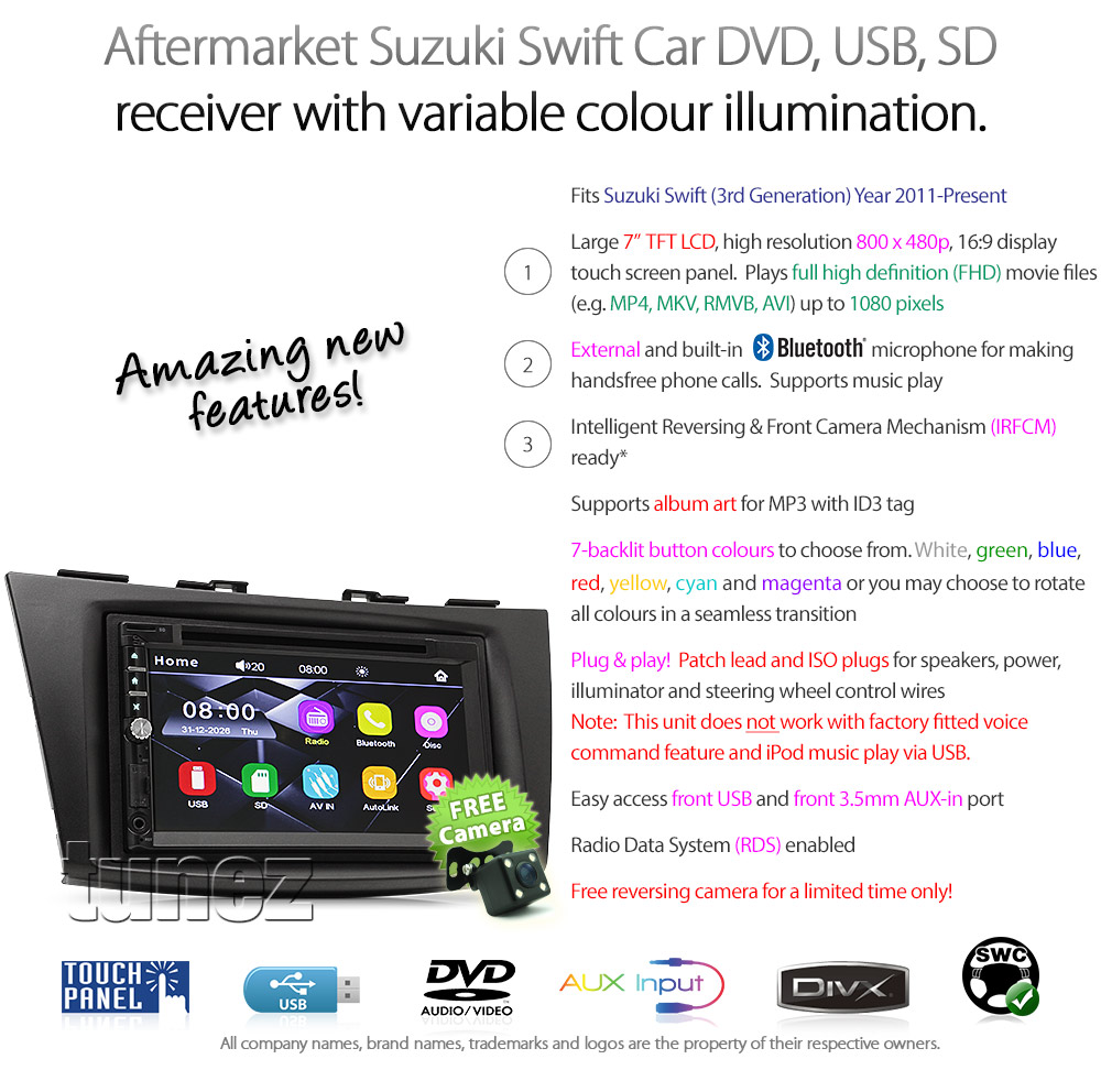 SS21DVD Aftermarket Suzuki Swift 3rd Third Generation Europe European Australia FZ Year 2011 2012 2013 2014 2015 2016 2017Direct Loading Design Car DVD USB SD Player Radio Stereo Head Unit Details Aftermarket External And Internal Microphone Bluetooth MP3 MP4 AVI MKV RMVB Fascia Kit Panel Trim ISO Plug Wiring Harness Reversing Camera 1080p FHD HD Full High Definition 3.5mm AUX-in Plug and Play Installation Dimension tunez tunezmart Compatible Patch Lead
