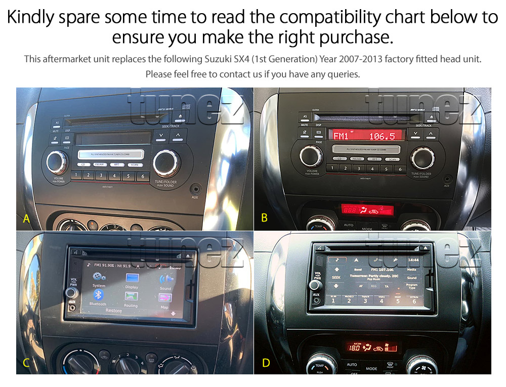 SX401AND GPS Aftermarket Suzuki SX4 1st First Generation Gen Europe European Australia GYA GYB GYC Year 2007 2008 2009 2010 2011 2012 2013 Crossover GLX S Series touchscreen capacitive 9 inches touchscreen Universal Double DIN Latest Australia UK European USA Original CarPlay Android Auto 10 Car USB player radio stereo 4GdLTE WiFi head unit details Aftermarket External and Internal Microphone Bluetooth Europe Sat Nav Navi Plug and Play ISO Plug Wiring Harness Matching Fascia Kit Facia Free Reversing Camera Album Art ID3 Tag RMVB MP3 MP4 AVI MKV Full High Definition FHD 1080p DAB+ Digital Radio DAB + Connects2 CTSIZ001.2