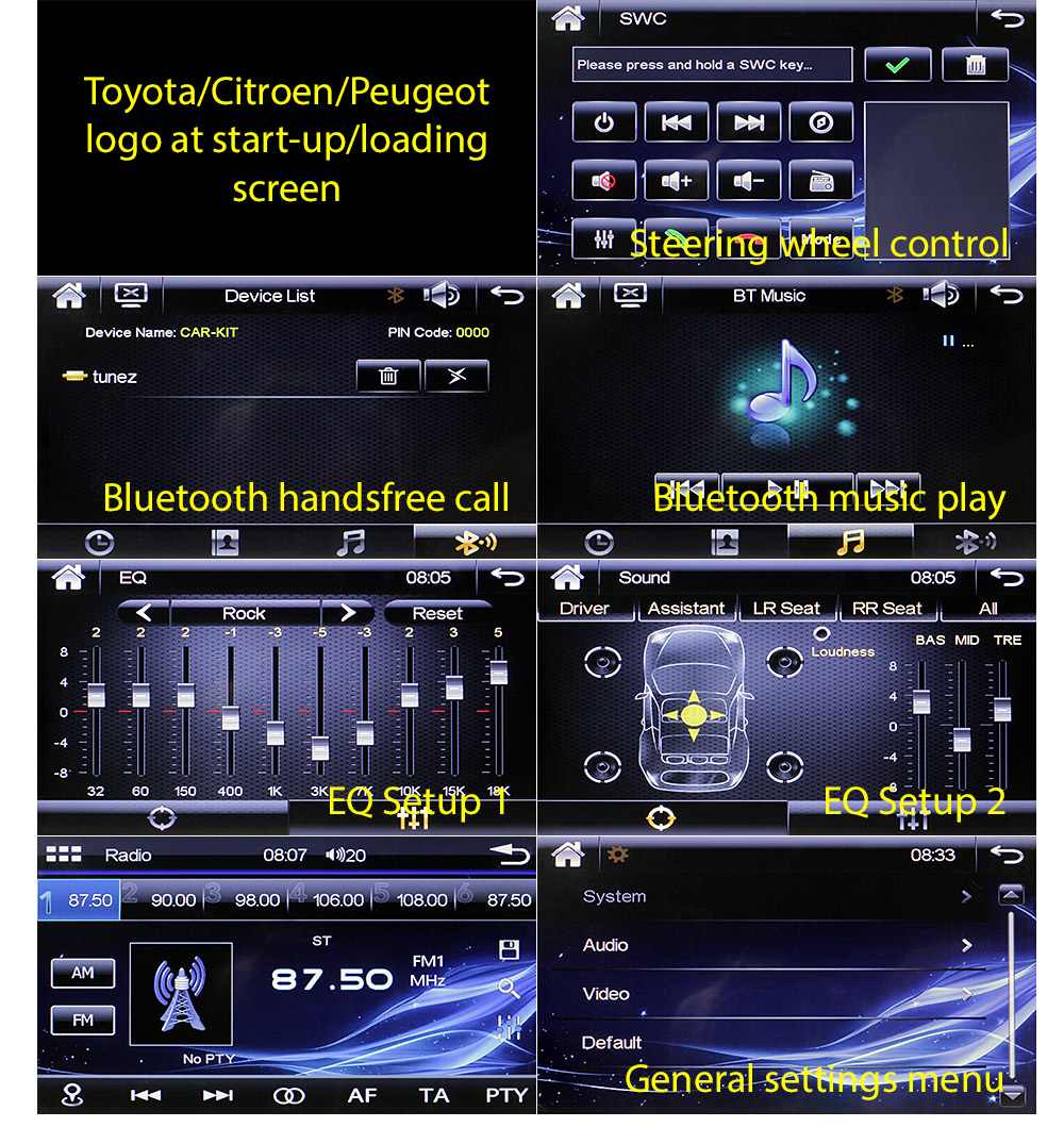 TAY12DVD Toyota Aygo Citroen C1 Peugeot 107 1st First Generation 2005 2006 2007 2008 2009 2010 2011 2012 2013 2014 7-inch Double DIN Direct Loading Design Car DVD USB SD Player Radio Stereo Head Unit Details Aftermarket External And Internal Microphone Bluetooth MP3 MP4 AVI MKV RMVB Fascia Kit Panel Trim ISO Plug Wiring Harness Reversing Camera 1080p FHD HD Full High Definition 3.5mm AUX-in Plug and Play Installation Dimension tunez tunezmart Patch Lead Compatible 
