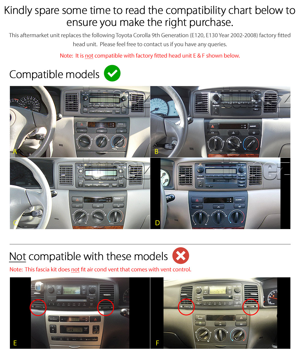 TCL08AND GPS Aftermarket Toyota Corolla E120 Year 2002 2003 2004 2005 2006 9-inch touchscreen Universal Double DIN Latest Australia UK European USA Original CarPlay Android Auto 10 Car USB player radio stereo 4G LTE WiFi head unit details Aftermarket External and Internal Microphone Bluetooth Europe Sat Nav Navi Plug and Play ISO Plug Wiring Harness Matching Fascia Kit Facia Free Reversing Camera Album Art ID3 Tag RMVB MP3 MP4 AVI MKV Full High Definition FHD 1080p DAB+ Digital Radio DAB + Connects2 CTSIZ001.2