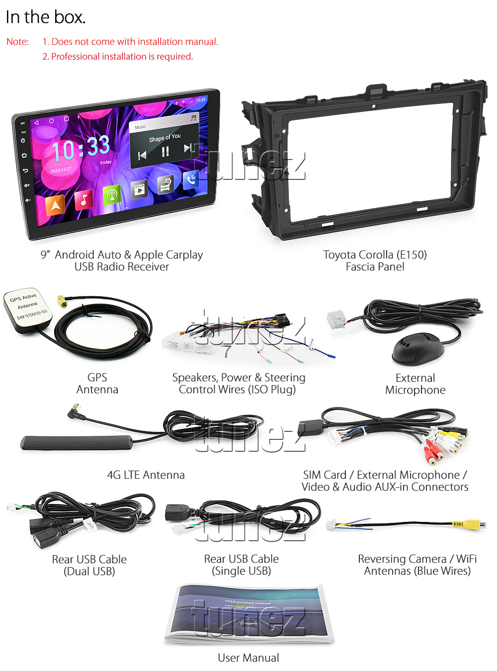 TCL07AND GPS Aftermarket Toyota Corolla E150 2007 2008 2009 2010 2011 2012 touchscreen capacitive 9 inches touchscreen Universal Double DIN Latest Australia UK European USA Original CarPlay Android Auto 10 Car USB player radio stereo 4GdLTE WiFi head unit details Aftermarket External and Internal Microphone Bluetooth Europe Sat Nav Navi Plug and Play ISO Plug Wiring Harness Matching Fascia Kit Facia Free Reversing Camera Album Art ID3 Tag RMVB MP3 MP4 AVI MKV Full High Definition FHD 1080p DAB+ Digital Radio DAB + Connects2 CTSIZ001.2