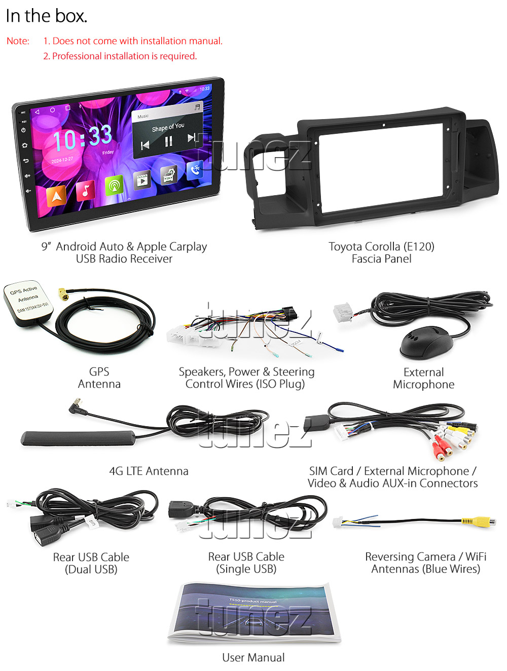 TCL08AND GPS Aftermarket Toyota Corolla E120 Year 2002 2003 2004 2005 2006 9-inch touchscreen Universal Double DIN Latest Australia UK European USA Original CarPlay Android Auto 10 Car USB player radio stereo 4G LTE WiFi head unit details Aftermarket External and Internal Microphone Bluetooth Europe Sat Nav Navi Plug and Play ISO Plug Wiring Harness Matching Fascia Kit Facia Free Reversing Camera Album Art ID3 Tag RMVB MP3 MP4 AVI MKV Full High Definition FHD 1080p DAB+ Digital Radio DAB + Connects2 CTSIZ001.2