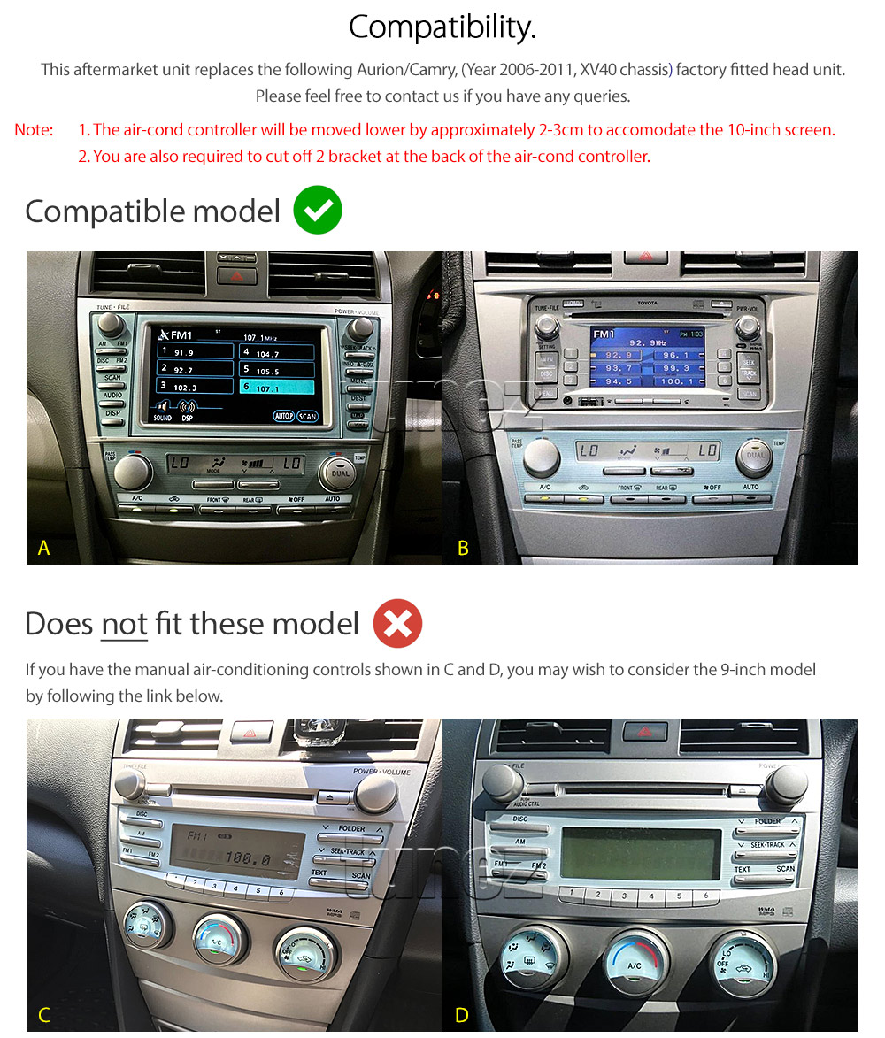 TCMR10AND GPS Toyota Aurion Camry XV40 ACV40R AT-X Presara Prodigy Sportivo SX6 ZR6 Touring Year 2006 2007 2008 2009 2010 2011 chassis touchscreen capacitive 10 inches touchscreen Universal Double DIN Latest Australia UK European USA Original CarPlay Android Auto 10 Car USB player radio stereo 4GdLTE WiFi head unit details Aftermarket External and Internal Microphone Bluetooth Europe Sat Nav Navi Plug and Play ISO Plug Wiring Harness Matching Fascia Kit Facia Free Reversing Camera Album Art ID3 Tag RMVB MP3 MP4 AVI MKV Full High Definition FHD 1080p DAB+ Digital Radio DAB + Connects2 CTSIZ001.2