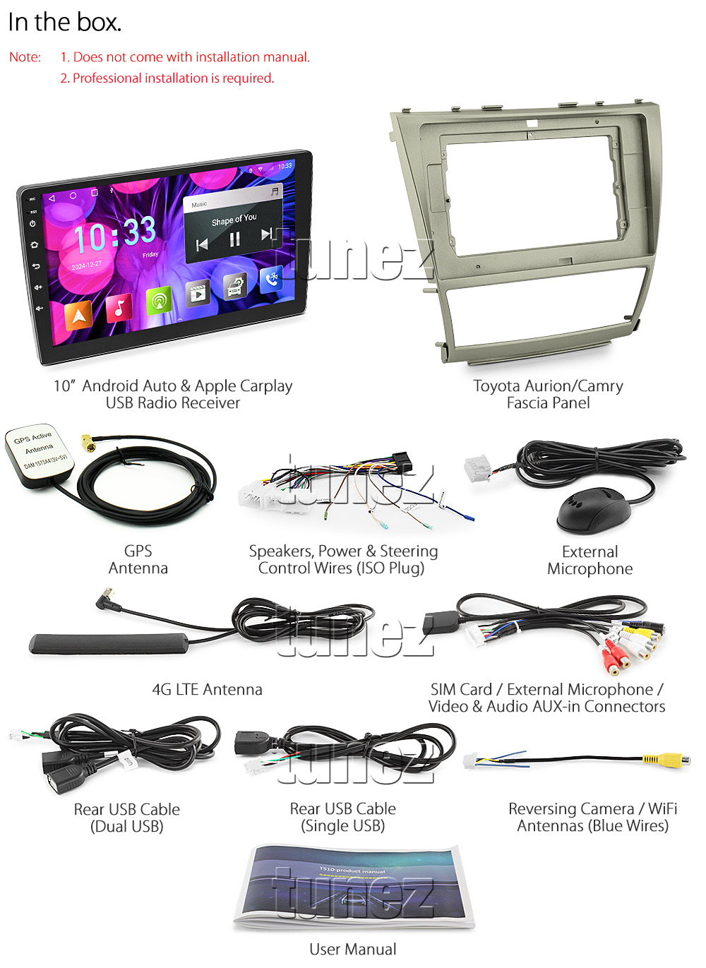 TCMR10AND GPS Toyota Aurion Camry XV40 ACV40R AT-X Presara Prodigy Sportivo SX6 ZR6 Touring Year 2006 2007 2008 2009 2010 2011 chassis touchscreen capacitive 10 inches touchscreen Universal Double DIN Latest Australia UK European USA Original CarPlay Android Auto 10 Car USB player radio stereo 4GdLTE WiFi head unit details Aftermarket External and Internal Microphone Bluetooth Europe Sat Nav Navi Plug and Play ISO Plug Wiring Harness Matching Fascia Kit Facia Free Reversing Camera Album Art ID3 Tag RMVB MP3 MP4 AVI MKV Full High Definition FHD 1080p DAB+ Digital Radio DAB + Connects2 CTSIZ001.2