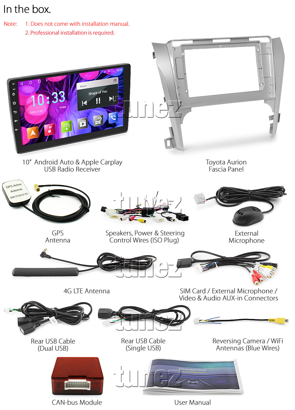 TCMR13AND GPS Aftermarket Toyota Camry 2nd Generation Gen Year 2012 2013 2014 Pre Facelift touchscreen capacitive 10 inches touchscreen Universal Double DIN Latest Australia UK European USA Original CarPlay Android Auto 10 Car USB player radio stereo 4GdLTE WiFi head unit details Aftermarket External and Internal Microphone Bluetooth Europe Sat Nav Navi Plug and Play ISO Plug Wiring Harness Matching Fascia Kit Facia Free Reversing Camera Album Art ID3 Tag RMVB MP3 MP4 AVI MKV Full High Definition FHD 1080p DAB+ Digital Radio DAB + Connects2 CTSIZ001.2