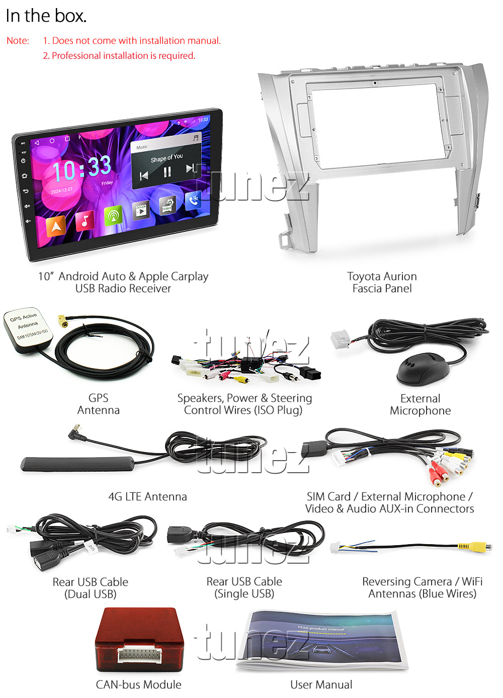 TCMR15AND GPS Aftermarket Toyota Camry 2nd Generation Gen Year 2015 2016 2017 Post Facelift touchscreen capacitive 10 inches touchscreen Universal Double DIN Latest Australia UK European USA Original CarPlay Android Auto 10 Car USB player radio stereo 4GdLTE WiFi head unit details Aftermarket External and Internal Microphone Bluetooth Europe Sat Nav Navi Plug and Play ISO Plug Wiring Harness Matching Fascia Kit Facia Free Reversing Camera Album Art ID3 Tag RMVB MP3 MP4 AVI MKV Full High Definition FHD 1080p DAB+ Digital Radio DAB + Connects2 CTSIZ001.2