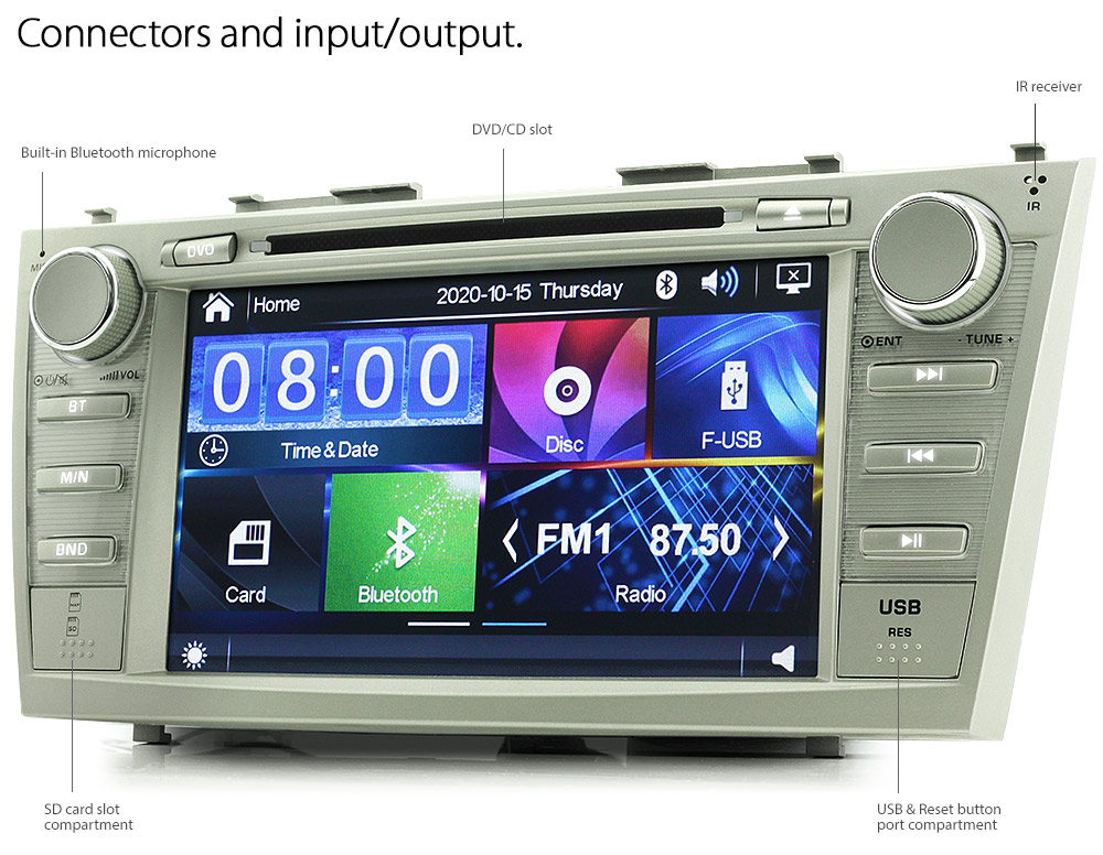 TCMR16DVD Toyota Aurion Camry XV40 ACV40R AT-X Presara Prodigy Sportivo SX6 ZR6 Touring Year 2006 2007 2008 2009 2010 2011 8-inch Direct Loading design car DVD USB SD player MP3 Album Art ID3 Tag RDS radio stereo head unit details Aftermarket External and Internal Microphone Bluetooth RMVB 720p