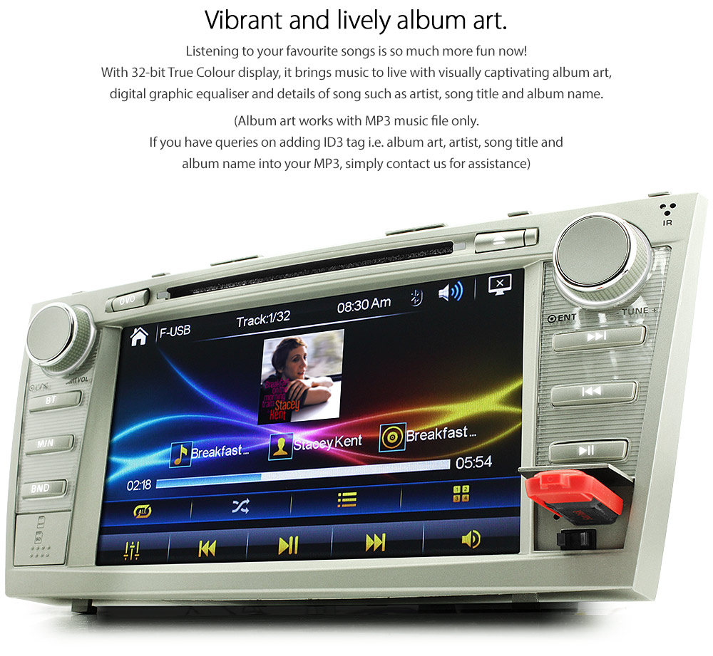 TCMR16DVD Toyota Aurion Camry XV40 ACV40R AT-X Presara Prodigy Sportivo SX6 ZR6 Touring Year 2006 2007 2008 2009 2010 2011 8-inch Direct Loading design car DVD USB SD player MP3 Album Art ID3 Tag RDS radio stereo head unit details Aftermarket External and Internal Microphone Bluetooth RMVB 720p