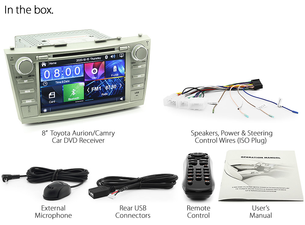 TCMR16DVD Toyota Aurion Camry XV40 ACV40R AT-X Presara Prodigy Sportivo SX6 ZR6 Touring Year 2006 2007 2008 2009 2010 2011 8-inch Direct Loading design car DVD USB SD player MP3 Album Art ID3 Tag RDS radio stereo head unit details Aftermarket External and Internal Microphone Bluetooth RMVB 720p accessories