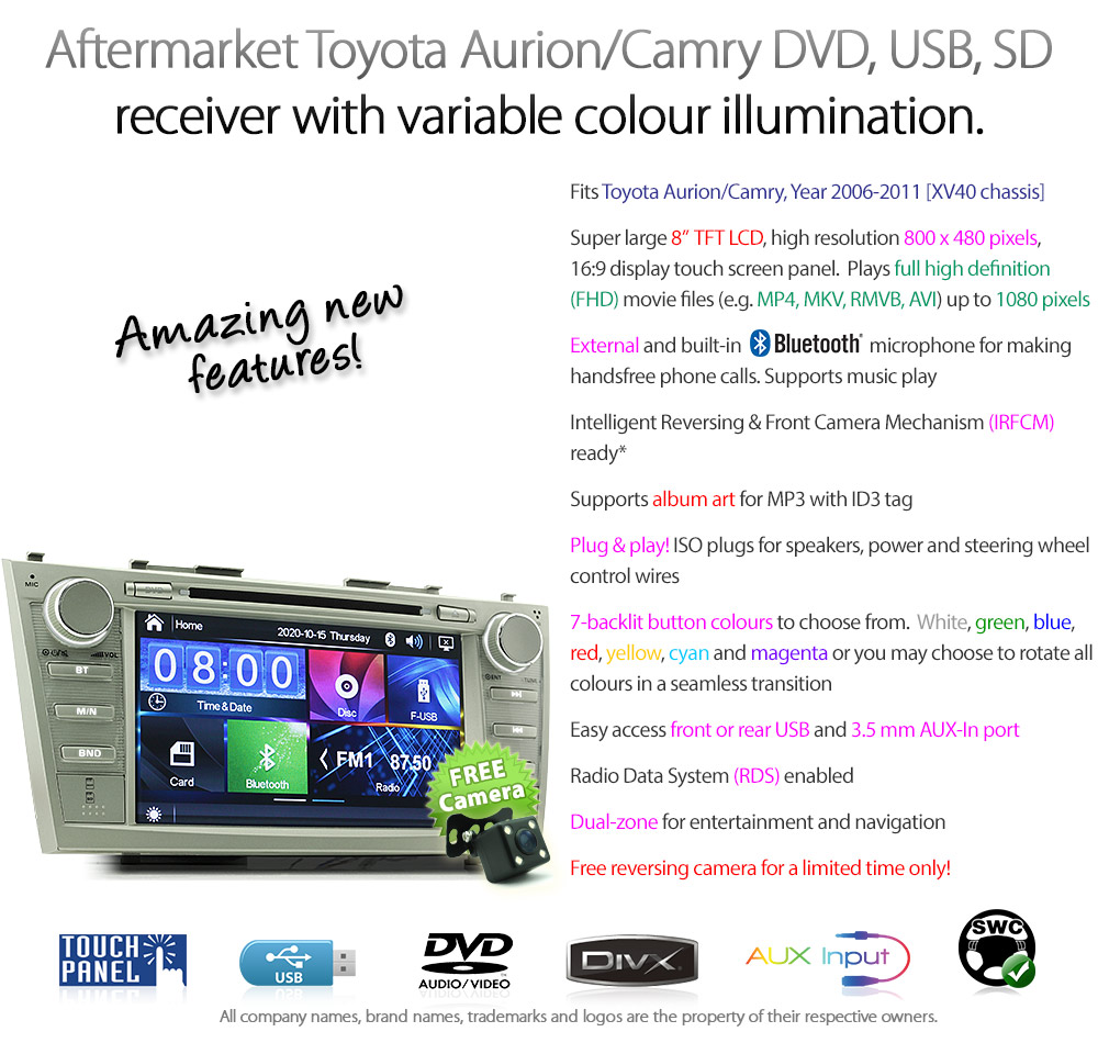 TCMR16DVD Toyota Aurion Camry XV40 ACV40R AT-X Presara Prodigy Sportivo SX6 ZR6 Touring Year 2006 2007 2008 2009 2010 2011 8-inch Direct Loading design car DVD USB SD player MP3 Album Art ID3 Tag RDS radio stereo head unit details Aftermarket External and Internal Microphone Bluetooth RMVB 720p