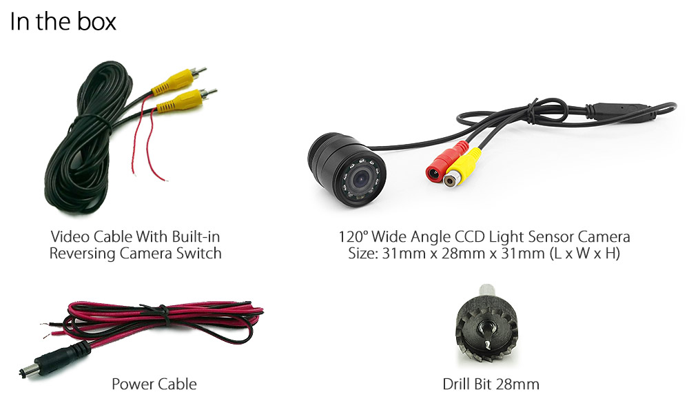 TCU12 Universal reversing parking reverse camera for car night and day view 120 degree wide angle CCD light sensor infra-red IR LED Drill Drilling