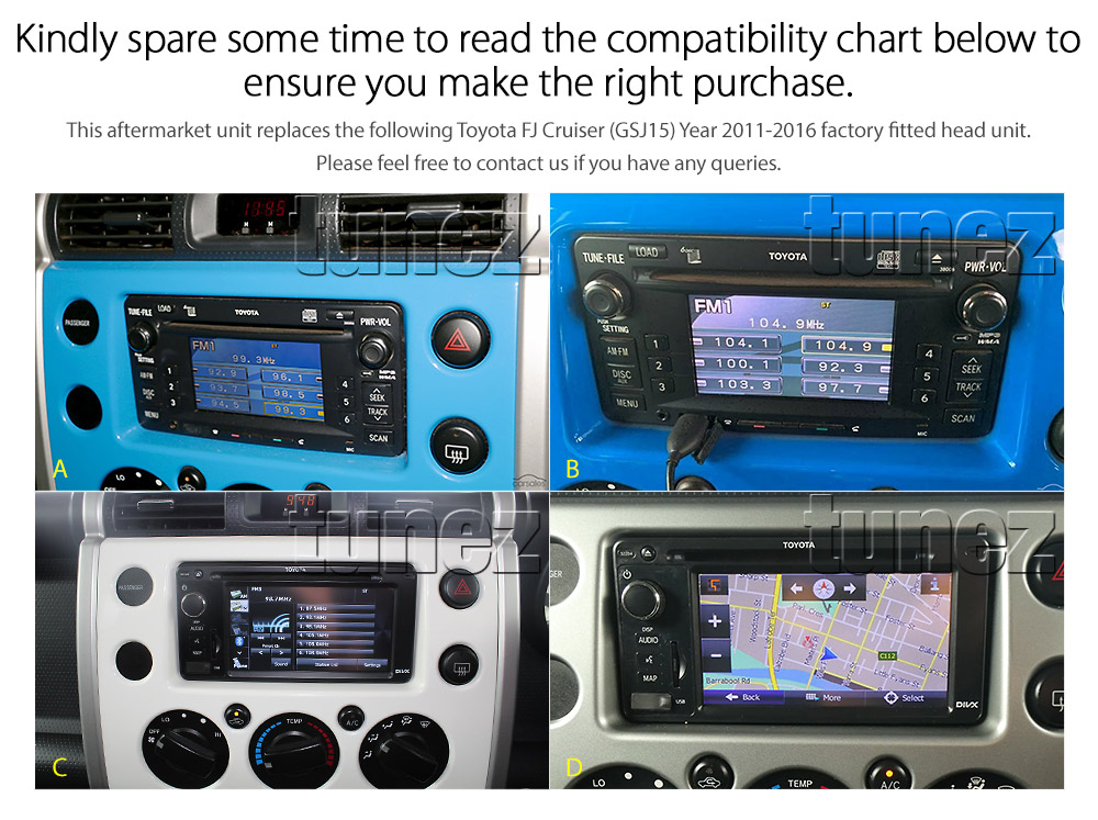 TFJC01AND GPS Aftermarket Toyota FJ Cruiser GSJ15 Year 2011 2012 2013 2014 2015 2016 9-inch touchscreen Universal Double DIN Latest Australia UK European USA Original CarPlay Android Auto 10 Car USB player radio stereo 4G LTE WiFi head unit details Aftermarket External and Internal Microphone Bluetooth Europe Sat Nav Navi Plug and Play ISO Plug Wiring Harness Matching Fascia Kit Facia Free Reversing Camera Album Art ID3 Tag RMVB MP3 MP4 AVI MKV Full High Definition FHD 1080p DAB+ Digital Radio DAB + Connects2 CTSIZ001.2