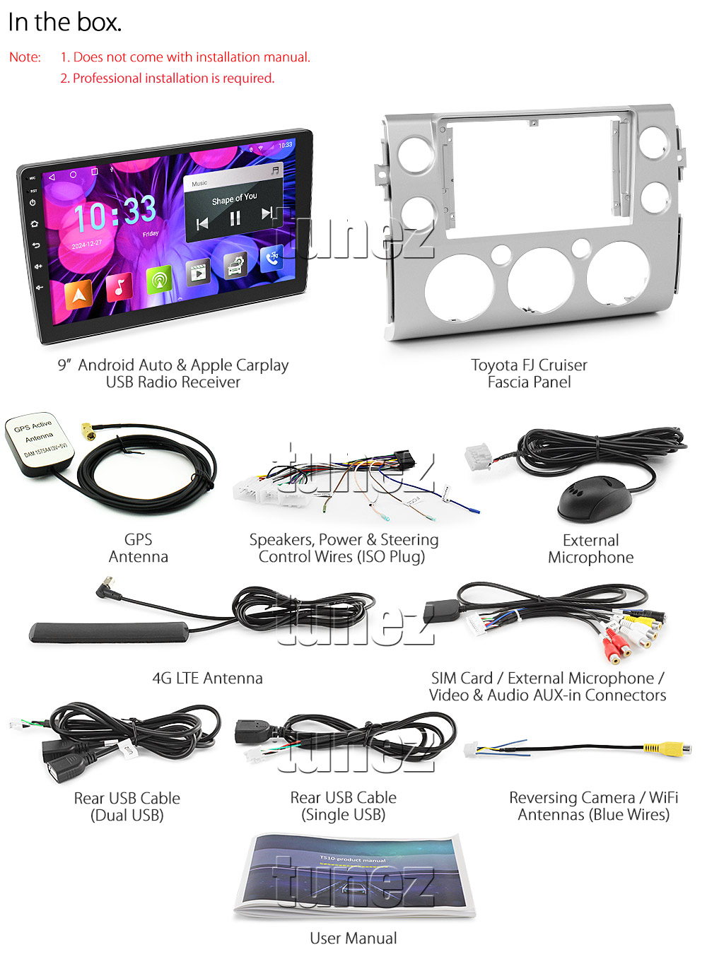 TFJC01AND GPS Aftermarket Toyota FJ Cruiser GSJ15 Year 2011 2012 2013 2014 2015 2016 9-inch touchscreen Universal Double DIN Latest Australia UK European USA Original CarPlay Android Auto 10 Car USB player radio stereo 4G LTE WiFi head unit details Aftermarket External and Internal Microphone Bluetooth Europe Sat Nav Navi Plug and Play ISO Plug Wiring Harness Matching Fascia Kit Facia Free Reversing Camera Album Art ID3 Tag RMVB MP3 MP4 AVI MKV Full High Definition FHD 1080p DAB+ Digital Radio DAB + Connects2 CTSIZ001.2