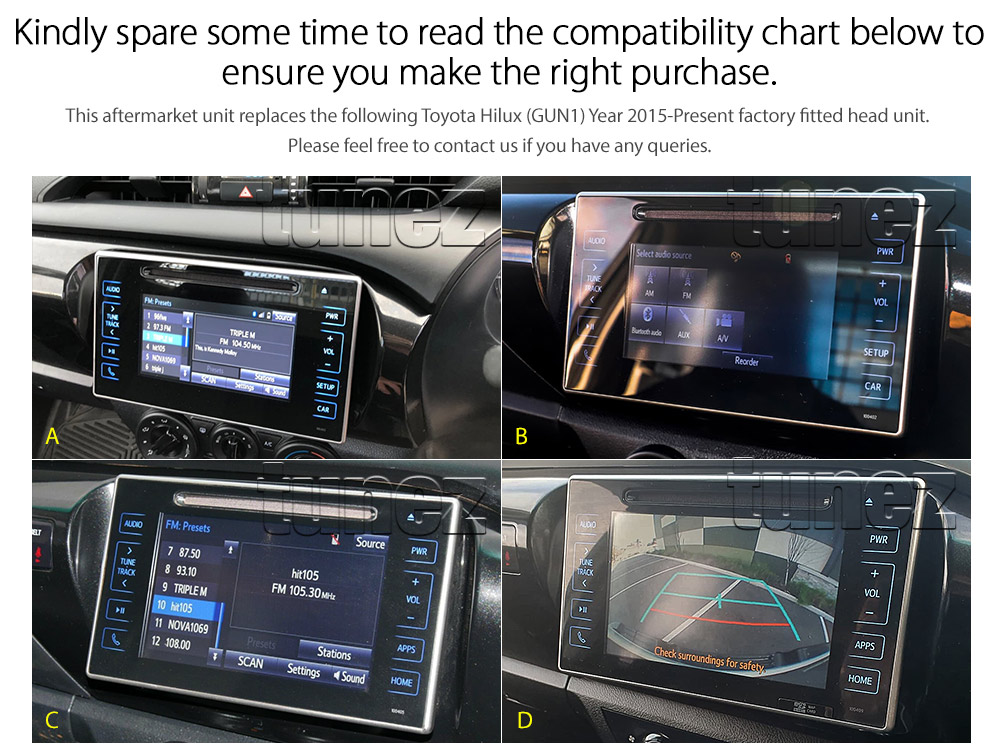 TH01AND GPS Aftermarket Toyota Hilux 2015 2016 2017 2018 2019 2020 2021 SR SR5 Workmate Rogue Rugged X chassis 8th generation gen GUN1 AN120 AN130 10-inch touchscreen Universal Double DIN Latest Australia UK European USA Original CarPlay Android Auto 10 Car USB player radio stereo 4G LTE WiFi head unit details Aftermarket External and Internal Microphone Bluetooth Europe Sat Nav Navi Plug and Play ISO Plug Wiring Harness Matching Fascia Kit Facia Free Reversing Camera Album Art ID3 Tag RMVB MP3 MP4 AVI MKV Full High Definition FHD 1080p DAB+ Digital Radio DAB + Connects2 CTSIZ001.2