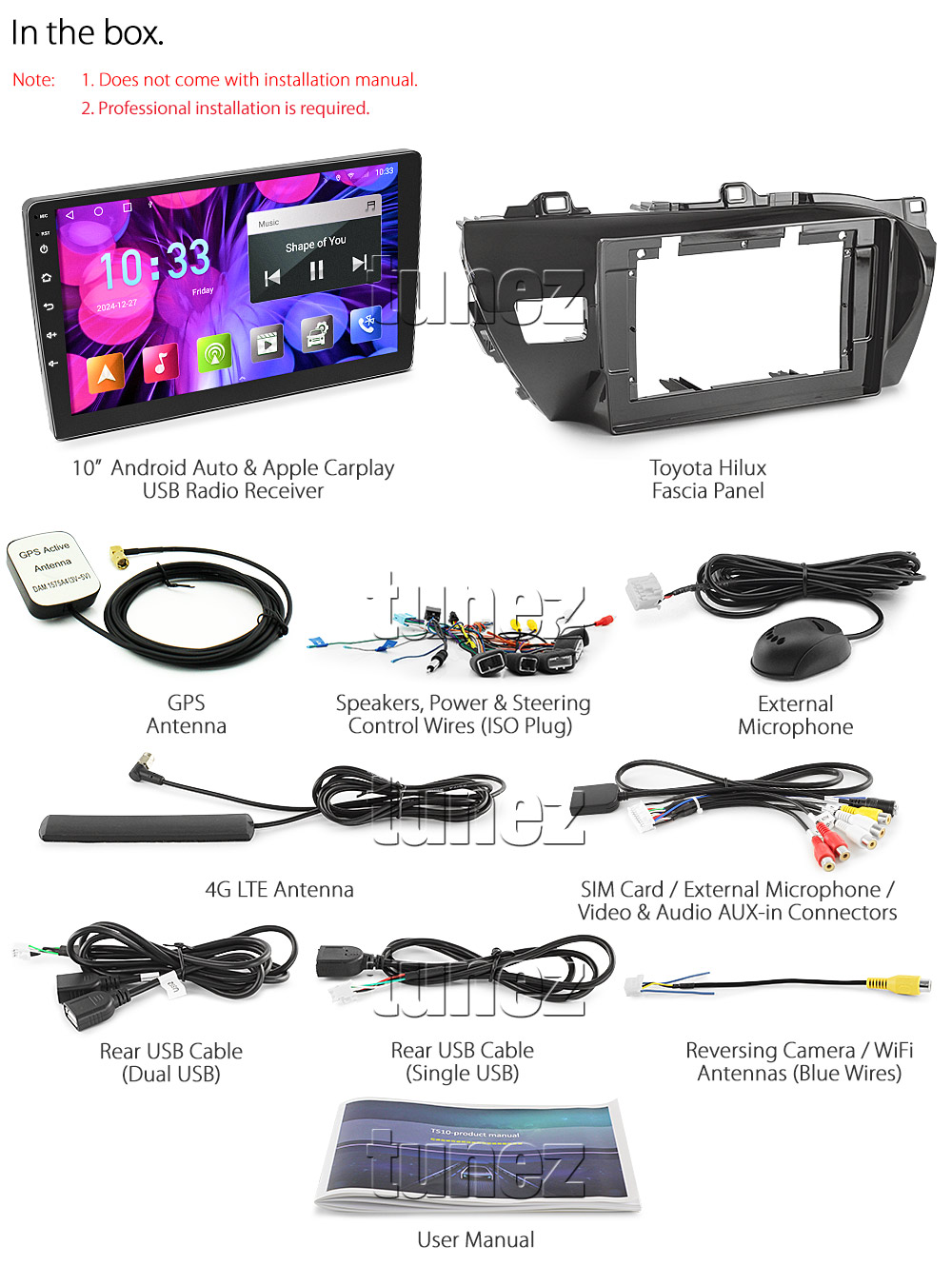 TH01AND GPS Aftermarket Toyota Hilux 2015 2016 2017 2018 2019 2020 2021 SR SR5 Workmate Rogue Rugged X chassis 8th generation gen GUN1 AN120 AN130 10-inch touchscreen Universal Double DIN Latest Australia UK European USA Original CarPlay Android Auto 10 Car USB player radio stereo 4G LTE WiFi head unit details Aftermarket External and Internal Microphone Bluetooth Europe Sat Nav Navi Plug and Play ISO Plug Wiring Harness Matching Fascia Kit Facia Free Reversing Camera Album Art ID3 Tag RMVB MP3 MP4 AVI MKV Full High Definition FHD 1080p DAB+ Digital Radio DAB + Connects2 CTSIZ001.2