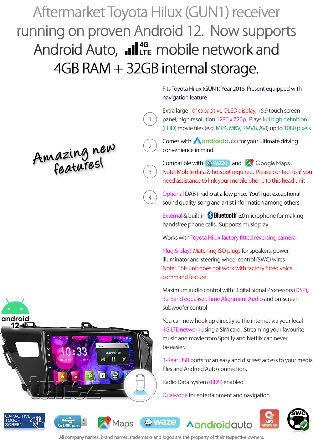 TH01AND GPS Aftermarket Toyota Hilux 2015 2016 2017 2018 2019 2020 2021 SR SR5 Workmate Rogue Rugged X chassis 8th generation gen GUN1 AN120 AN130 10-inch touchscreen Universal Double DIN Latest Australia UK European USA Original CarPlay Android Auto 10 Car USB player radio stereo 4G LTE WiFi head unit details Aftermarket External and Internal Microphone Bluetooth Europe Sat Nav Navi Plug and Play ISO Plug Wiring Harness Matching Fascia Kit Facia Free Reversing Camera Album Art ID3 Tag RMVB MP3 MP4 AVI MKV Full High Definition FHD 1080p DAB+ Digital Radio DAB + Connects2 CTSIZ001.2