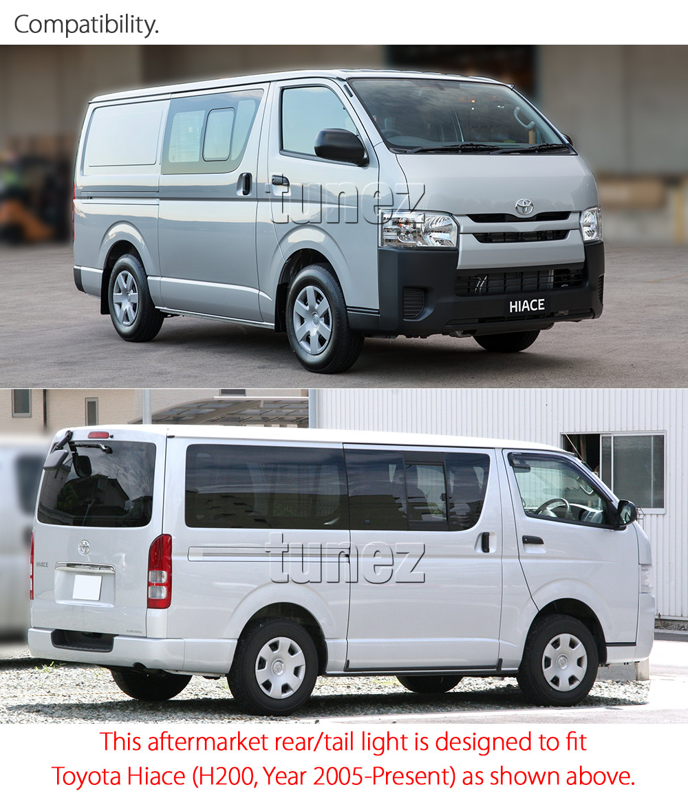 THC01R Toyota Hiace H200 5th Generation Gen 2005 2006 2007 2008 2009 2010 2011 2012 2013 2014 2015 2016 2017 2018 2019 LWB SLWB Commuter Red Clear Smoked Edition Full LED Tail Rear Lamp Light Lights For Car Van Taillights Aftermarket Pair Australia UK United Kingdom USA Europe European OEM Standard Brake Turn Signal Reversing Compatible Tunez