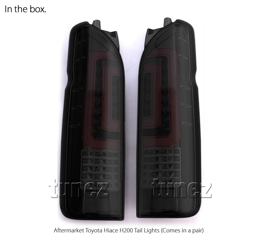 THC01B Toyota Hiace H200 5th Generation Gen 2005 2006 2007 2008 2009 2010 2011 2012 2013 2014 2015 2016 2017 2018 2019 LWB SLWB Commuter Red Clear Smoked Edition Full LED Tail Rear Lamp Light Lights For Car Van Taillights Aftermarket Pair Australia UK United Kingdom USA Europe European OEM Standard Brake Turn Signal Reversing Compatible Tunez