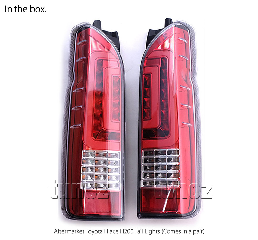 THC01R Toyota Hiace H200 5th Generation Gen 2005 2006 2007 2008 2009 2010 2011 2012 2013 2014 2015 2016 2017 2018 2019 LWB SLWB Commuter Red Clear Smoked Edition Full LED Tail Rear Lamp Light Lights For Car Van Taillights Aftermarket Pair Australia UK United Kingdom USA Europe European OEM Standard Brake Turn Signal Reversing Compatible Tunez