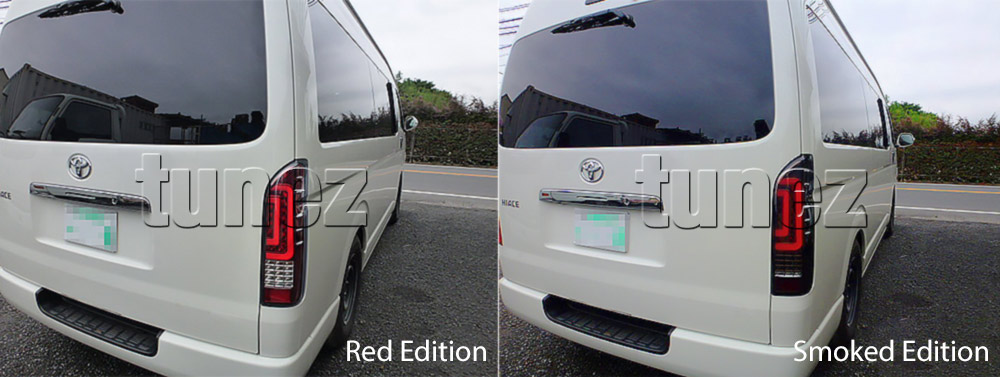 THC01R Toyota Hiace H200 5th Generation Gen 2005 2006 2007 2008 2009 2010 2011 2012 2013 2014 2015 2016 2017 2018 2019 LWB SLWB Commuter Red Clear Smoked Edition Full LED Tail Rear Lamp Light Lights For Car Van Taillights Aftermarket Pair Australia UK United Kingdom USA Europe European OEM Standard Brake Turn Signal Reversing Compatible Tunez