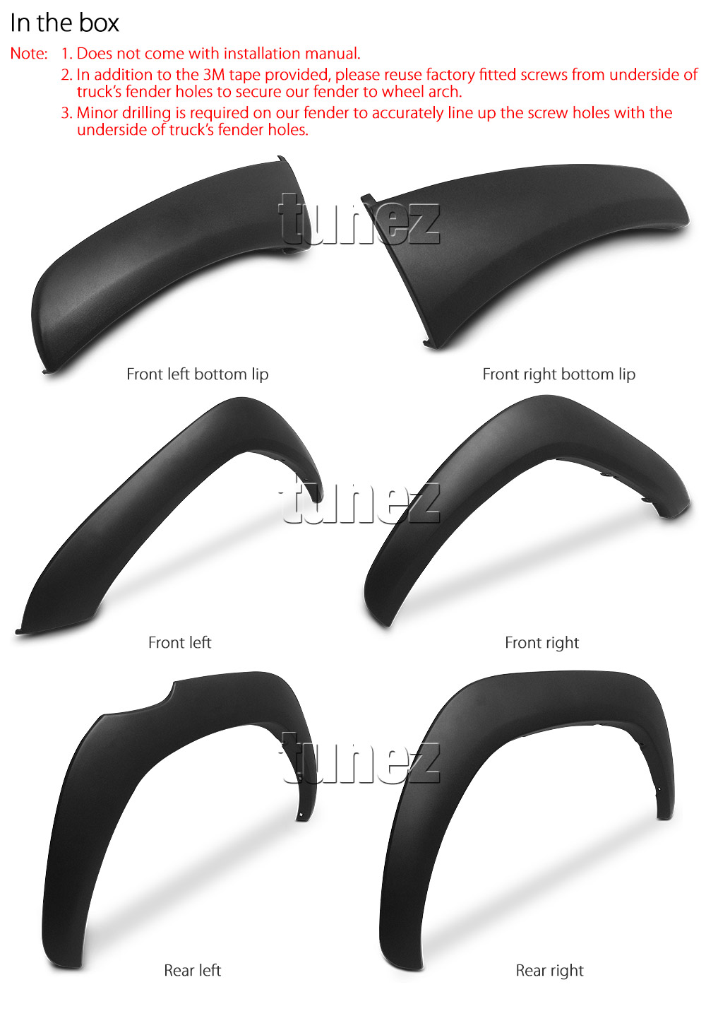 THF01 Toyota Hilux 8th Generation Gen GUN GUN1 AN120 AN130 2015 2016 2017 SR5 SR Hi-Rider Active Icon Invincible Workmate ABS Material OEM Fitting Aftermarket TRD OEM Toyota Racing Development Matt Matte Black 6 pieces piece pcs Set Kit Fender Fenders Flares Flare Strong ABS Plastic Rugged Menacing 3M Wheel Arch Complete Heavy Duty Aftermarket Pair Australia AU UK United Kingdom European Europe