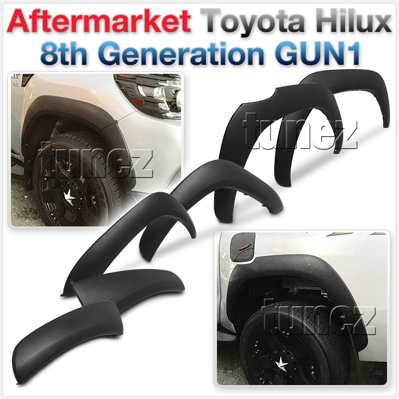 THF01 Toyota Hilux 8th Generation Gen GUN GUN1 AN120 AN130 2015 2016 2017 SR5 SR Hi-Rider Active Icon Invincible Workmate ABS Material OEM Fitting Aftermarket TRD OEM Toyota Racing Development Matt Matte Black 6 pieces piece pcs Set Kit Fender Fenders Flares Flare Strong ABS Plastic Rugged Menacing 3M Wheel Arch Complete Heavy Duty Aftermarket Pair Australia AU UK United Kingdom European Europe