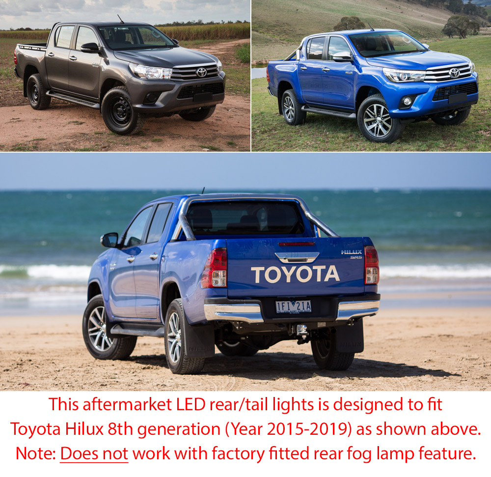 THL01 Toyota Hilux GUN AN120 AN130 8th Generation Gen 2015 2016 2017 2018 GUN SR SR5 Workmate Hi-Rider Smoked Brake Full LED Tail Rear Lamp Lights For Car Truck Smoke Autotunez Tunez Taillights Rear Lamp Light Aftermarket Pair OEM Turn Signal Reversing Compatible