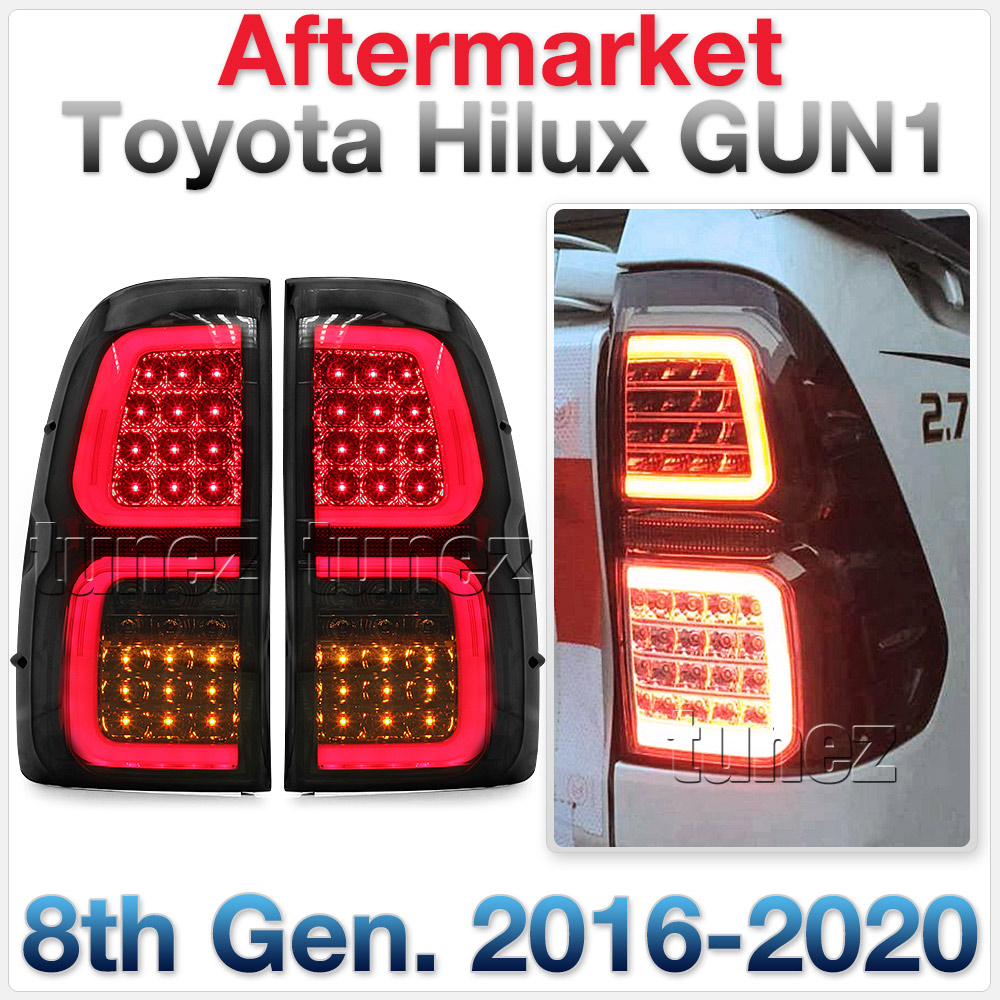 THL01 Toyota Hilux GUN AN120 AN130 8th Generation Gen 2015 2016 2017 2018 GUN SR SR5 Workmate Hi-Rider Smoked Brake Full LED Tail Rear Lamp Lights For Car Truck Smoke Autotunez Tunez Taillights Rear Lamp Light Aftermarket Pair OEM Turn Signal Reversing Compatible