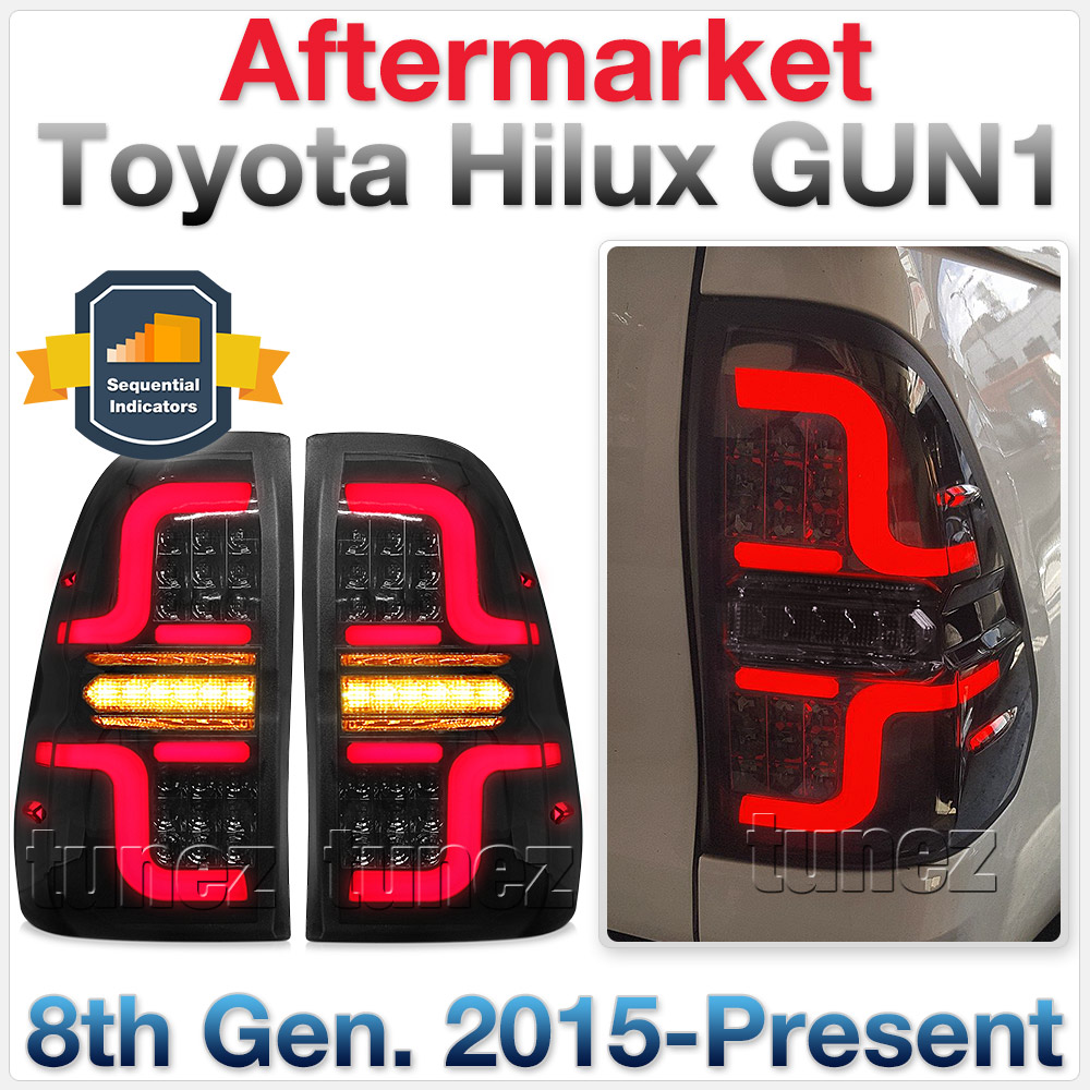 THL05 Toyota Hilux AN120 AN130 GUN1 8th Generation Gen 2015 2016 2017 2018 2019 2020 2021 Rouge Rugged X SR SR5 Workmate Active Icon Invincible Comfort Executive Smoked Brake Full LED Tail Rear Lamp Light Lights For Car Truck Smoke Taillights Pair Left Right Sequential Turn Signal Indicator Reversing Reverse Aftermarket Tunez