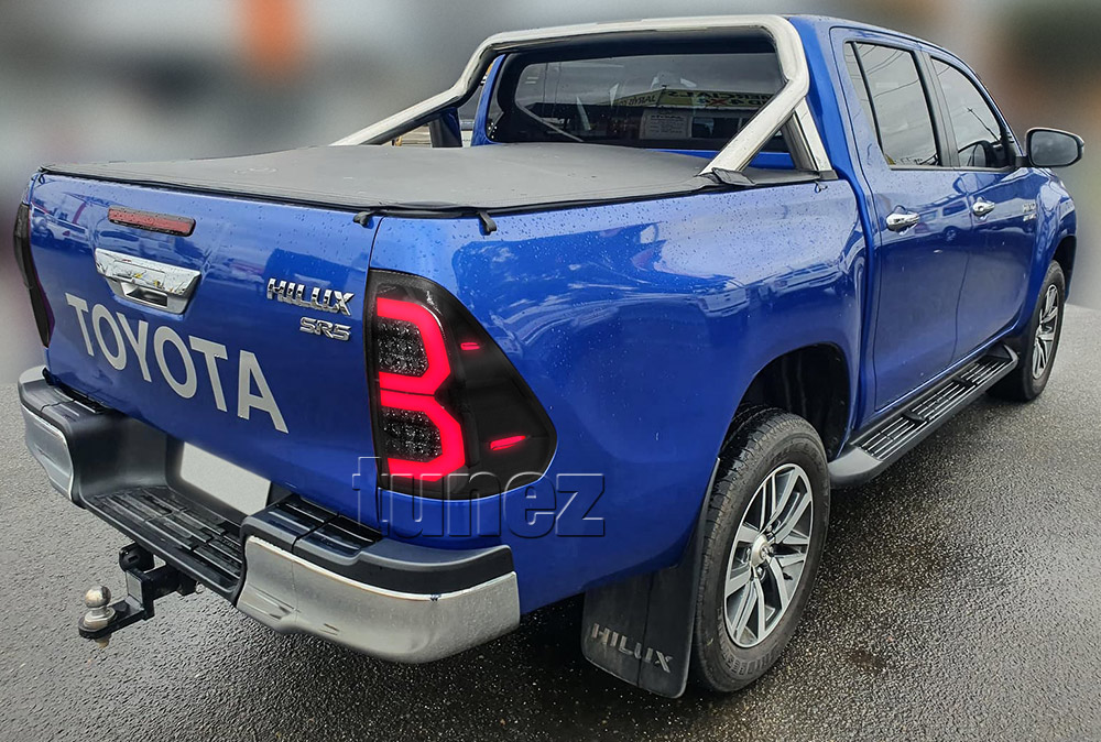 THL06 Toyota Hilux GUN GUN1 AN120 AN130 8th Generation Gen 2015 2016 2017 2018 2019 2020 2021 SR SR5 Workmate Hi-Rider Active Icon Invincible Smoked Brake Full LED Tail Rear Lamp Lights For Car Truck Smoke Autotunez Tunez Taillights Rear Lamp Light Aftermarket Pair OEM Sequential Turn Signal Reversing Compatible