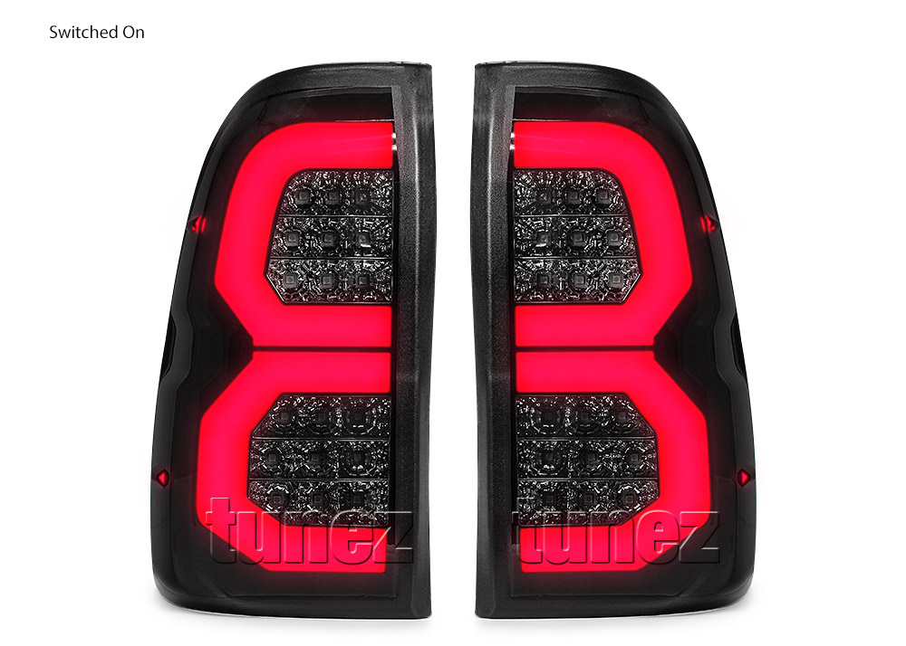 THL06 Aftermarket Toyota Hilux GUN GUN1 AN120 AN130 8th Generation Gen 2015 2016 2017 2018 2019 2020 2021 SR SR5 Workmate Rugged X Rogue Hi-Rider Active Icon Invincible Smoked Brake Full LED Sequential Turn Signal Motion Tail Rear Lamp Lights For Car Truck Smoke Autotunez Tunez Taillights Rear Lamp Light Aftermarket Pair Set OEM Reversing Compatible 