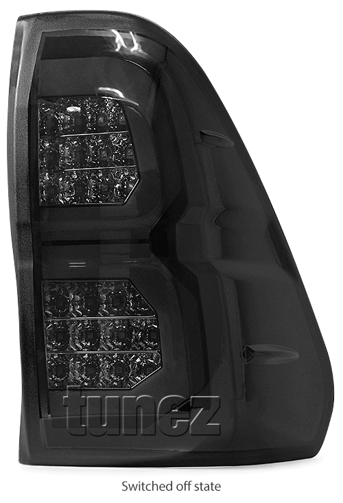 THL06 Aftermarket Toyota Hilux GUN GUN1 AN120 AN130 8th Generation Gen 2015 2016 2017 2018 2019 2020 2021 SR SR5 Workmate Rugged X Rogue Hi-Rider Active Icon Invincible Smoked Brake Full LED Sequential Turn Signal Motion Tail Rear Lamp Lights For Car Truck Smoke Autotunez Tunez Taillights Rear Lamp Light Aftermarket Pair Set OEM Reversing Compatible 