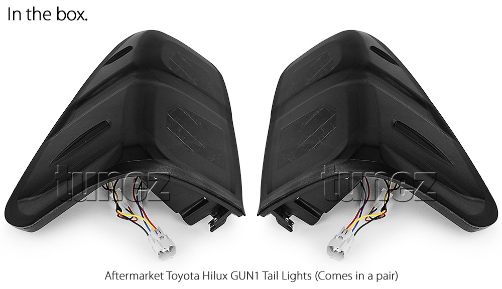 THL06 Aftermarket Toyota Hilux GUN GUN1 AN120 AN130 8th Generation Gen 2015 2016 2017 2018 2019 2020 2021 SR SR5 Workmate Rugged X Rogue Hi-Rider Active Icon Invincible Smoked Brake Full LED Sequential Turn Signal Motion Tail Rear Lamp Lights For Car Truck Smoke Autotunez Tunez Taillights Rear Lamp Light Aftermarket Pair Set OEM Reversing Compatible