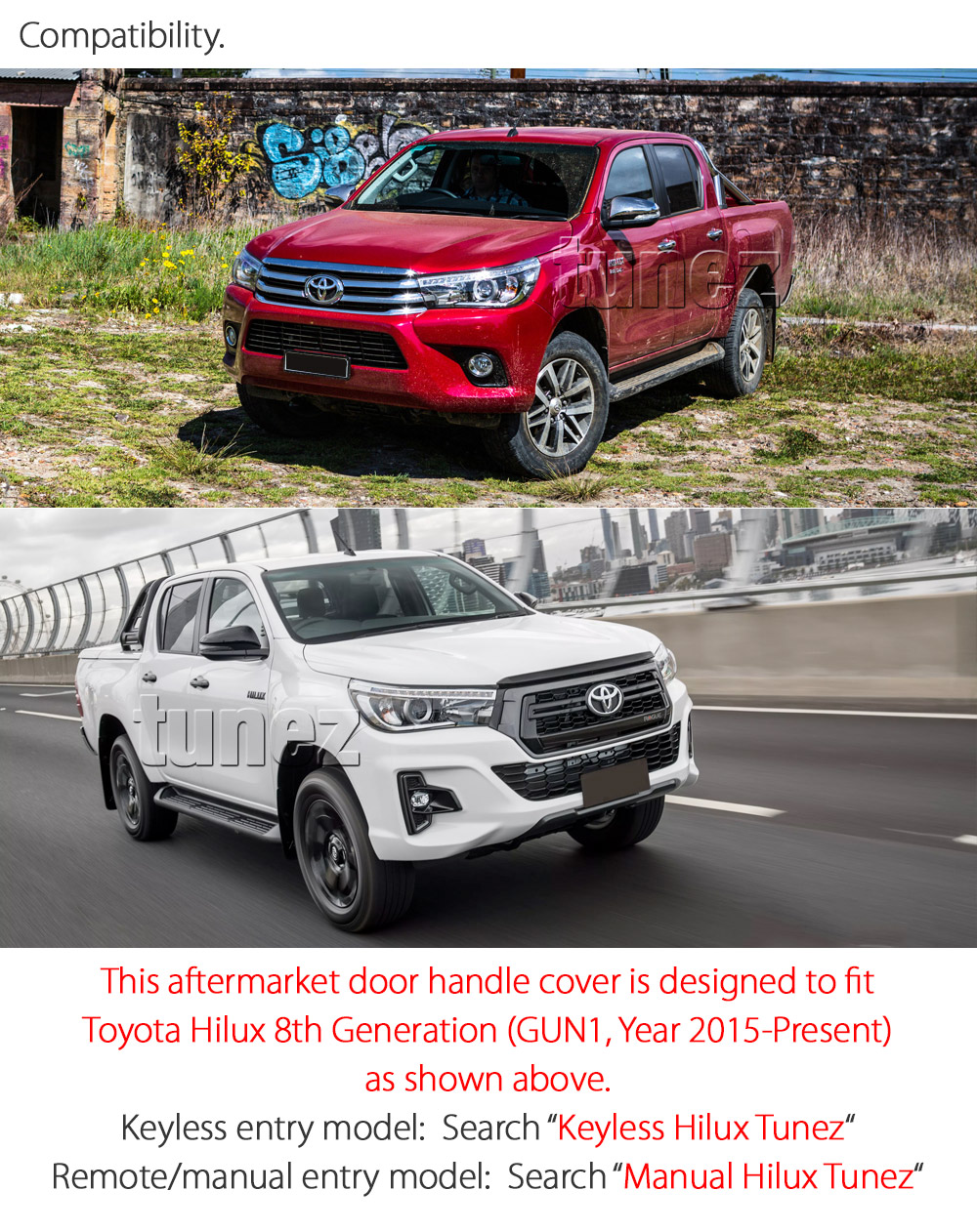 THM13 Toyota Hilux Series AN120 AN130 GUN1 Workmate SR SR5 Rouge Rugged X Active Icon D-4D Invincible AT35 Rugged UK United Kingdom USA Australia Europe Matte Matt Black Night Dark Sky Series Edition Remote Manual Key Door Handle Passenger Front Rear Side Cover Guard Protector For Car Aftermarket Set Pair 2015 2016 2017 2018 2019 2020