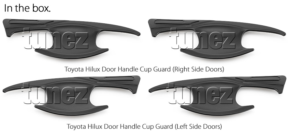 THM12 Toyota Hilux Series AN120 AN130 GUN1 GUN 8th Generation Gen Workmakte SR SR5 Rogue Rugged X Active Icon Invincible Tonka UK United Kingdom USA Australia Europe Matte Matt Black Night Dark Sky Series Edition Door Handle Cup Bowl Guard Protector Cover Passenger Front Rear Side For Car Aftermarket Set Pair 2015 2016 2017 2018 2019 2020 2021