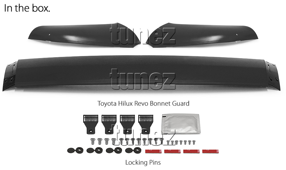 THM22 Toyota Hilux Series AN120 AN130 GUN1 GUN 8th Generation Gen Bonnet Visor Guard Protector Shield Black Matte Matt Solid Front For Workmate SR SR5 Rogue Rugged X Active Icon Invincible Tonka UK United Kingdom USA Australia Europe Night Dark Sky Series Edition For Car Aftermarket Set 3-Piece 2015 2016 2017 2018 2019 2020 2021 2022