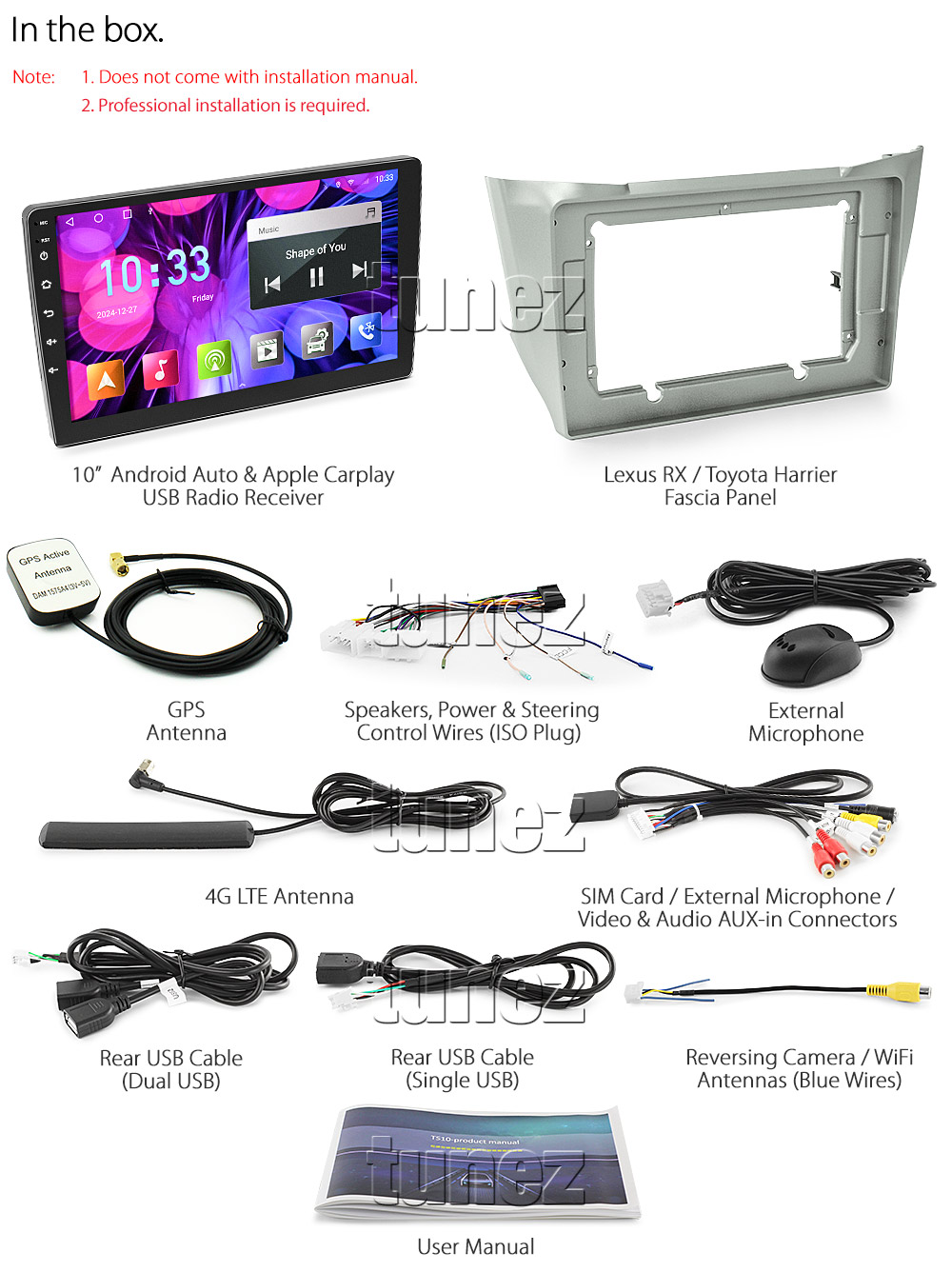 THR05AND GPS Aftermarket Lexus RX350 RX300 RX 350 330 300 270 240 Toyota Harrier XU30 ACU30 Year 2003 2004 2005 2006 2007 2008 2009 2010 2011 2012 2013 capacitive 10 inches touchscreen Universal Double DIN Latest Australia UK European USA Original CarPlay Android Auto 10 Car USB player radio stereo 4G LTE WiFi head unit details Aftermarket External and Internal Microphone Bluetooth Europe Sat Nav Navi Plug and Play ISO Plug Wiring Harness Matching Fascia Kit Facia Free Reversing Camera Album Art ID3 Tag RMVB MP3 MP4 AVI MKV Full High Definition FHD 1080p DAB+ Digital Radio DAB + Connects2 CTSIZ001.2