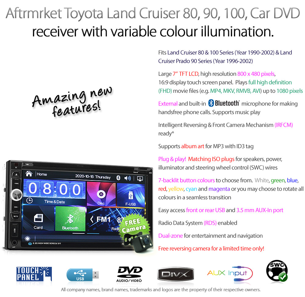 TLC01DVD Aftermarket Toyota Land Cruiser Landcruiser Prado Colorado Amazon 80 90 100 Series Year 1990 1991 1992 1993 1994 1995 1996 1997 1998 1999 2000 2001 2002 7-inch 7