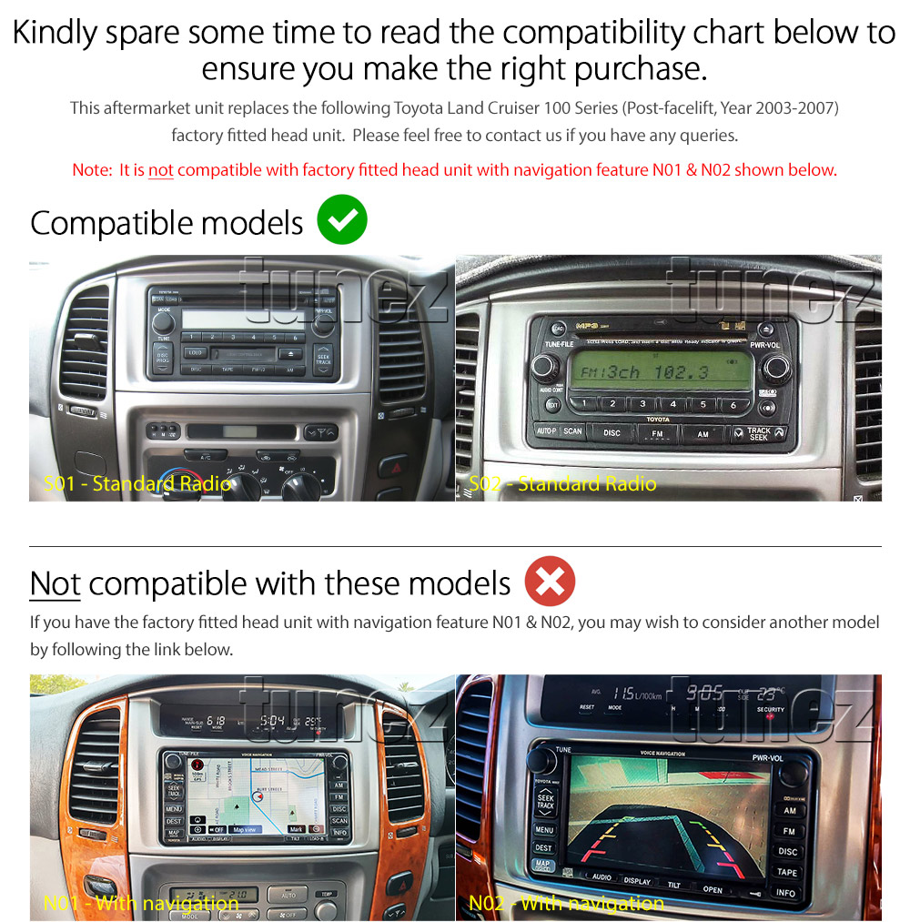 TLC13CP TLC13 Licensed Apple CarPlay Android Auto GPS GPS Super Large 9-inch Toyota Land Cruiser LandCruiser 100 Series J100 Year 2003 2004 2005 2006 2007 GXL Sahara Kakadu Super Large 9-inch Touch Screen IPS Capacitive Universal Double DIN Latest Australia UK European USA Original Car USB 2.0A Charge player radio stereo head unit Aftermarket External and Internal Microphone Bluetooth Europe Sat Nav Navi Plug and Play ISO Plug Wiring Harness Matching Fascia Kit Facia Free Reversing Camera Album Art ID3 Tag RMVB MP3 MP4 AVI MKV Full High Definition FHD AirPlay Air Play MirrorLink Mirror Link Connects2 CTSTY008.2 CTSTY00C CTSTY00CAMP CTSTY013.2