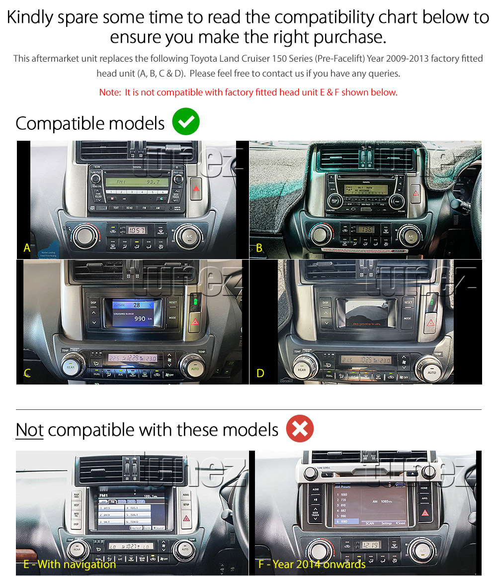 TLC10AND GPS Toyota Landcruiser Land Cruiser Prado 150 Series J150 4th Gen Generation Year 2009 2010 2011 2012 2013 GXL GX Altitude large 9-inch touchscreen Universal Double DIN Latest Australia UK European USA Original CarPlay Android Auto 10 Car USB player radio stereo 4G LTE WiFi head unit details Aftermarket External and Internal Microphone Bluetooth Europe Sat Nav Navi Plug and Play ISO Plug Wiring Harness Matching Fascia Kit Facia Free Reversing Camera Album Art ID3 Tag RMVB MP3 MP4 AVI MKV Full High Definition FHD 1080p DAB+ Digital Radio DAB + Connects2 CTSIZ001.2