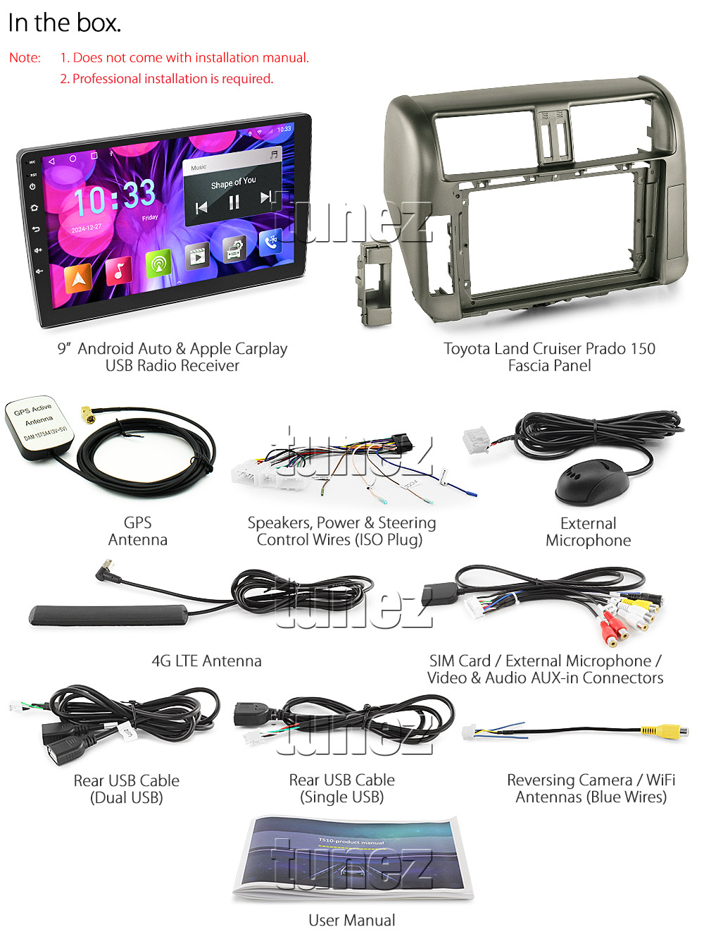 TLC10AND GPS Toyota Landcruiser Land Cruiser Prado 150 Series J150 4th Gen Generation Year 2009 2010 2011 2012 2013 GXL GX Altitude large 9-inch touchscreen Universal Double DIN Latest Australia UK European USA Original CarPlay Android Auto 10 Car USB player radio stereo 4G LTE WiFi head unit details Aftermarket External and Internal Microphone Bluetooth Europe Sat Nav Navi Plug and Play ISO Plug Wiring Harness Matching Fascia Kit Facia Free Reversing Camera Album Art ID3 Tag RMVB MP3 MP4 AVI MKV Full High Definition FHD 1080p DAB+ Digital Radio DAB + Connects2 CTSIZ001.2