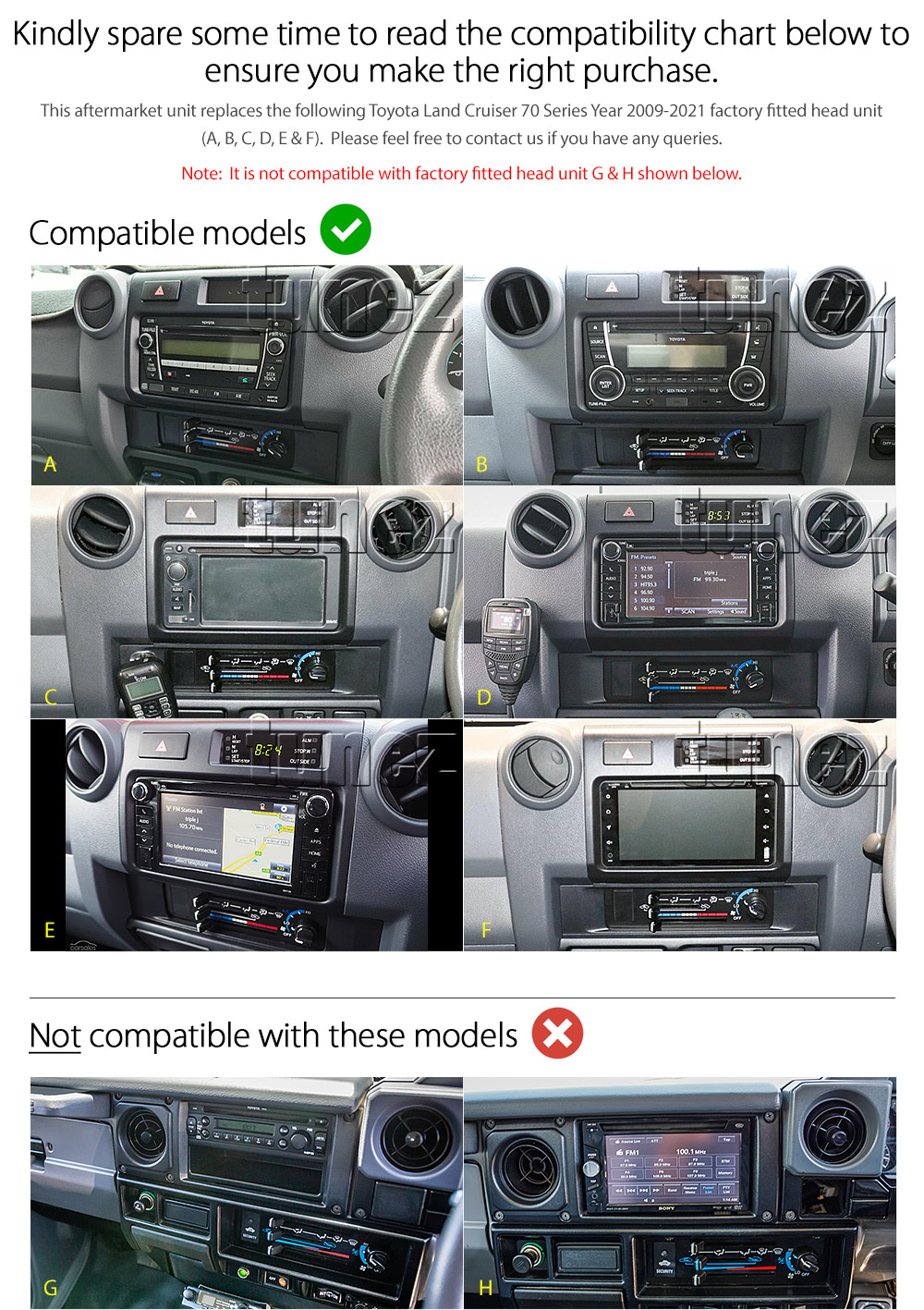 TLC12CP TLC12 Licensed Apple CarPlay Android Auto GPS GPS Super Large 9-inch Toyota Land Cruiser LandCruiser 70 Series VDJ Year 2009 2010 2011 2012 2013 2014 2015 2016 2017 2018 2019 2020 2021 2022 VDJ76R VDJ78R VDJ79R J70 J76 J78 J79 GX GXL Workmate Troopcarrier Super Large 9-inch Touch Screen IPS Capacitive Universal Double DIN Latest Australia UK European USA Original Car USB 2.0A Charge player radio stereo head unit Aftermarket External and Internal Microphone Bluetooth Europe Sat Nav Navi Plug and Play ISO Plug Wiring Harness Matching Fascia Kit Facia Free Reversing Camera Album Art ID3 Tag RMVB MP3 MP4 AVI MKV Full High Definition FHD AirPlay Air Play MirrorLink Mirror Link Connects2 CTSTY008.2 CTSTY00C CTSTY00CAMP CTSTY013.2