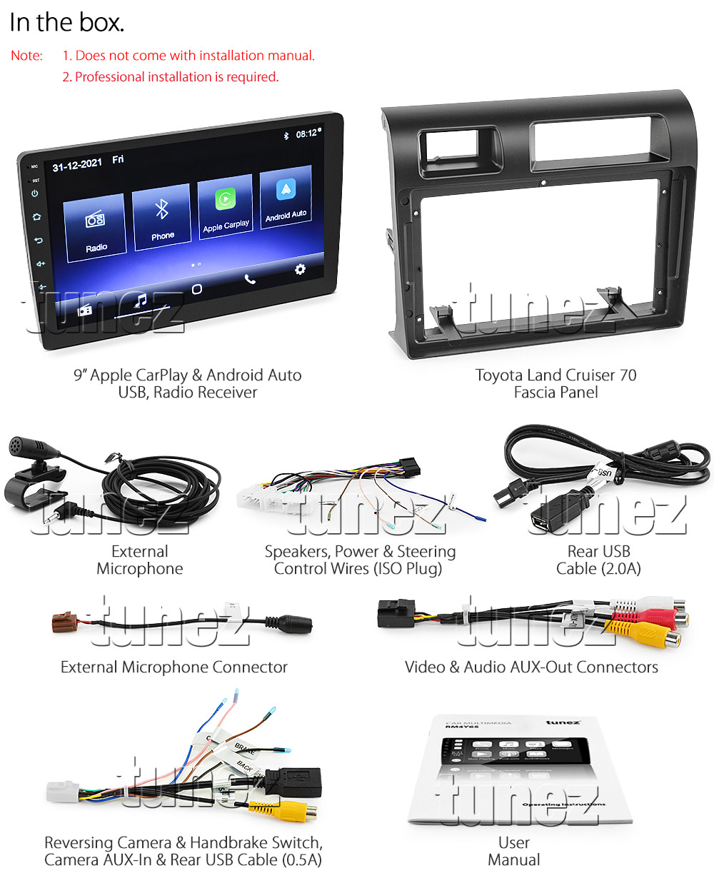 TLC12CP TLC12 Licensed Apple CarPlay Android Auto GPS GPS Super Large 9-inch Toyota Land Cruiser LandCruiser 70 Series VDJ Year 2009 2010 2011 2012 2013 2014 2015 2016 2017 2018 2019 2020 2021 2022 VDJ76R VDJ78R VDJ79R J70 J76 J78 J79 GX GXL Workmate Troopcarrier Super Large 9-inch Touch Screen IPS Capacitive Universal Double DIN Latest Australia UK European USA Original Car USB 2.0A Charge player radio stereo head unit Aftermarket External and Internal Microphone Bluetooth Europe Sat Nav Navi Plug and Play ISO Plug Wiring Harness Matching Fascia Kit Facia Free Reversing Camera Album Art ID3 Tag RMVB MP3 MP4 AVI MKV Full High Definition FHD AirPlay Air Play MirrorLink Mirror Link Connects2 CTSTY008.2 CTSTY00C CTSTY00CAMP CTSTY013.2