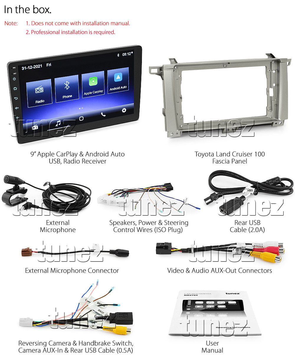 TLC13CP TLC13 Licensed Apple CarPlay Android Auto GPS GPS Super Large 9-inch Toyota Land Cruiser LandCruiser 100 Series J100 Year 2003 2004 2005 2006 2007 GXL Sahara Kakadu Super Large 9-inch Touch Screen IPS Capacitive Universal Double DIN Latest Australia UK European USA Original Car USB 2.0A Charge player radio stereo head unit Aftermarket External and Internal Microphone Bluetooth Europe Sat Nav Navi Plug and Play ISO Plug Wiring Harness Matching Fascia Kit Facia Free Reversing Camera Album Art ID3 Tag RMVB MP3 MP4 AVI MKV Full High Definition FHD AirPlay Air Play MirrorLink Mirror Link Connects2 CTSTY008.2 CTSTY00C CTSTY00CAMP CTSTY013.2