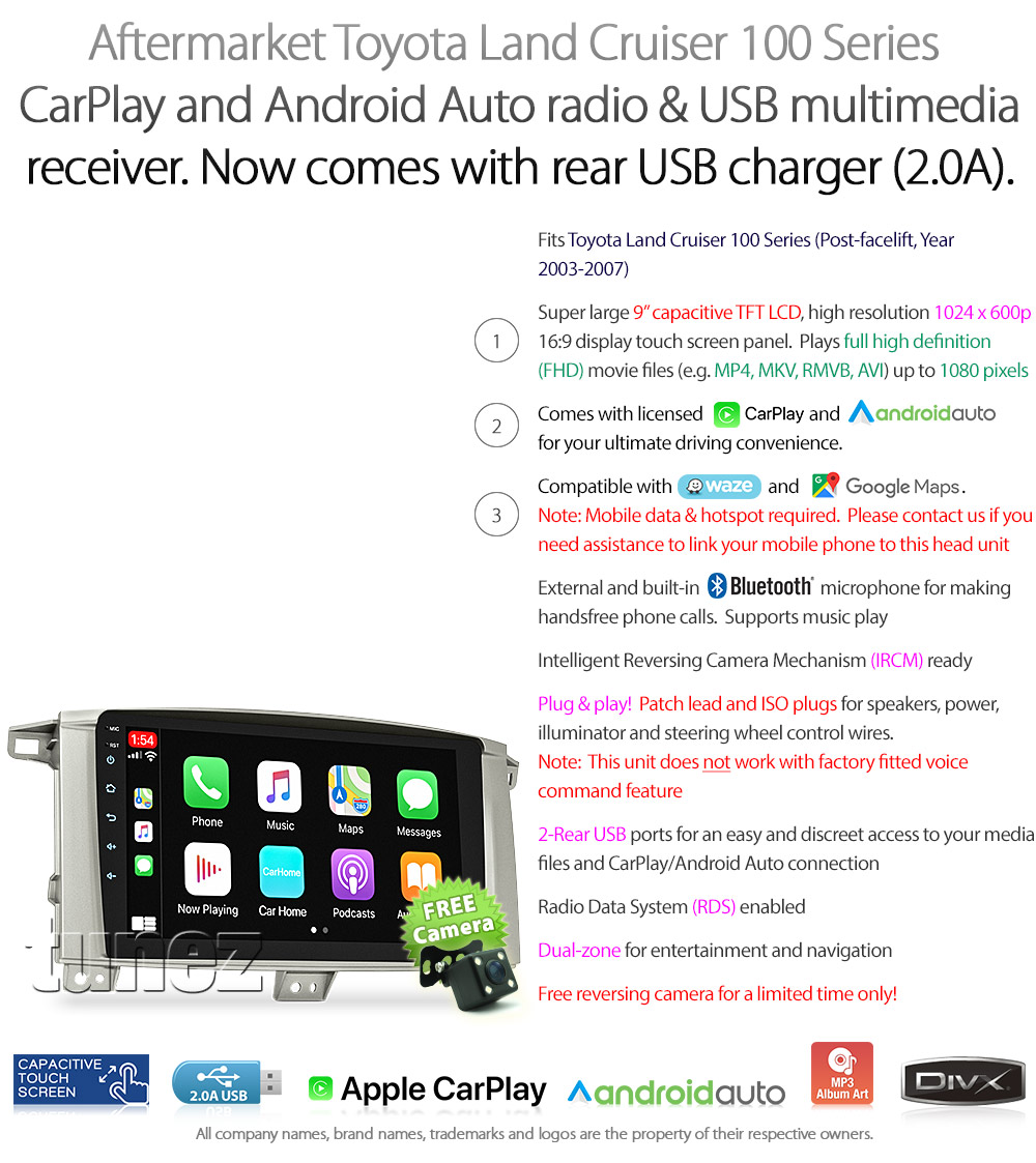 TLC13CP TLC13 Licensed Apple CarPlay Android Auto GPS GPS Super Large 9-inch Toyota Land Cruiser LandCruiser 100 Series J100 Year 2003 2004 2005 2006 2007 GXL Sahara Kakadu Super Large 9-inch Touch Screen IPS Capacitive Universal Double DIN Latest Australia UK European USA Original Car USB 2.0A Charge player radio stereo head unit Aftermarket External and Internal Microphone Bluetooth Europe Sat Nav Navi Plug and Play ISO Plug Wiring Harness Matching Fascia Kit Facia Free Reversing Camera Album Art ID3 Tag RMVB MP3 MP4 AVI MKV Full High Definition FHD AirPlay Air Play MirrorLink Mirror Link Connects2 CTSTY008.2 CTSTY00C CTSTY00CAMP CTSTY013.2